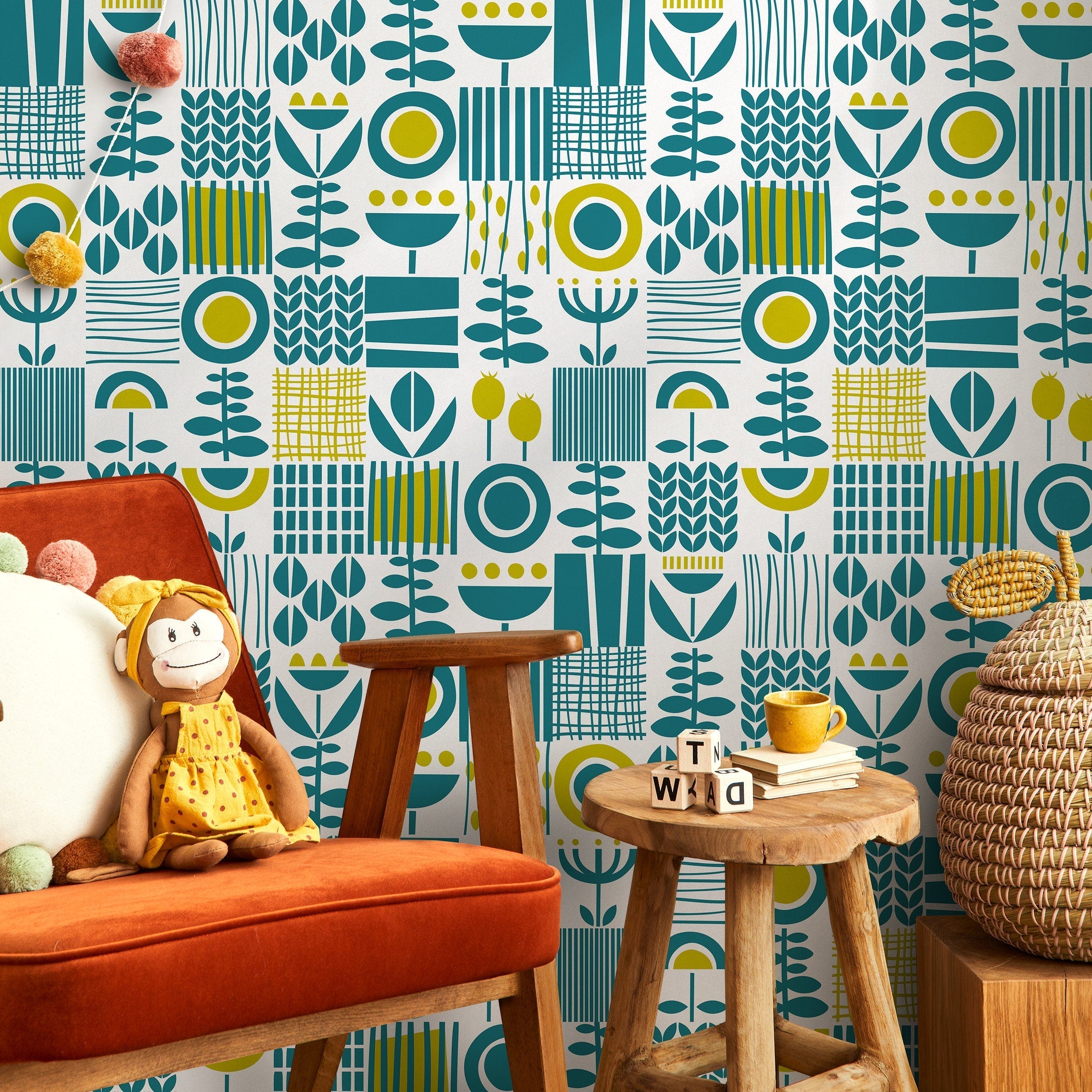 Scandinavian Wallpaper With A Block Print Botanical Motif In Teal And Yellow - A707