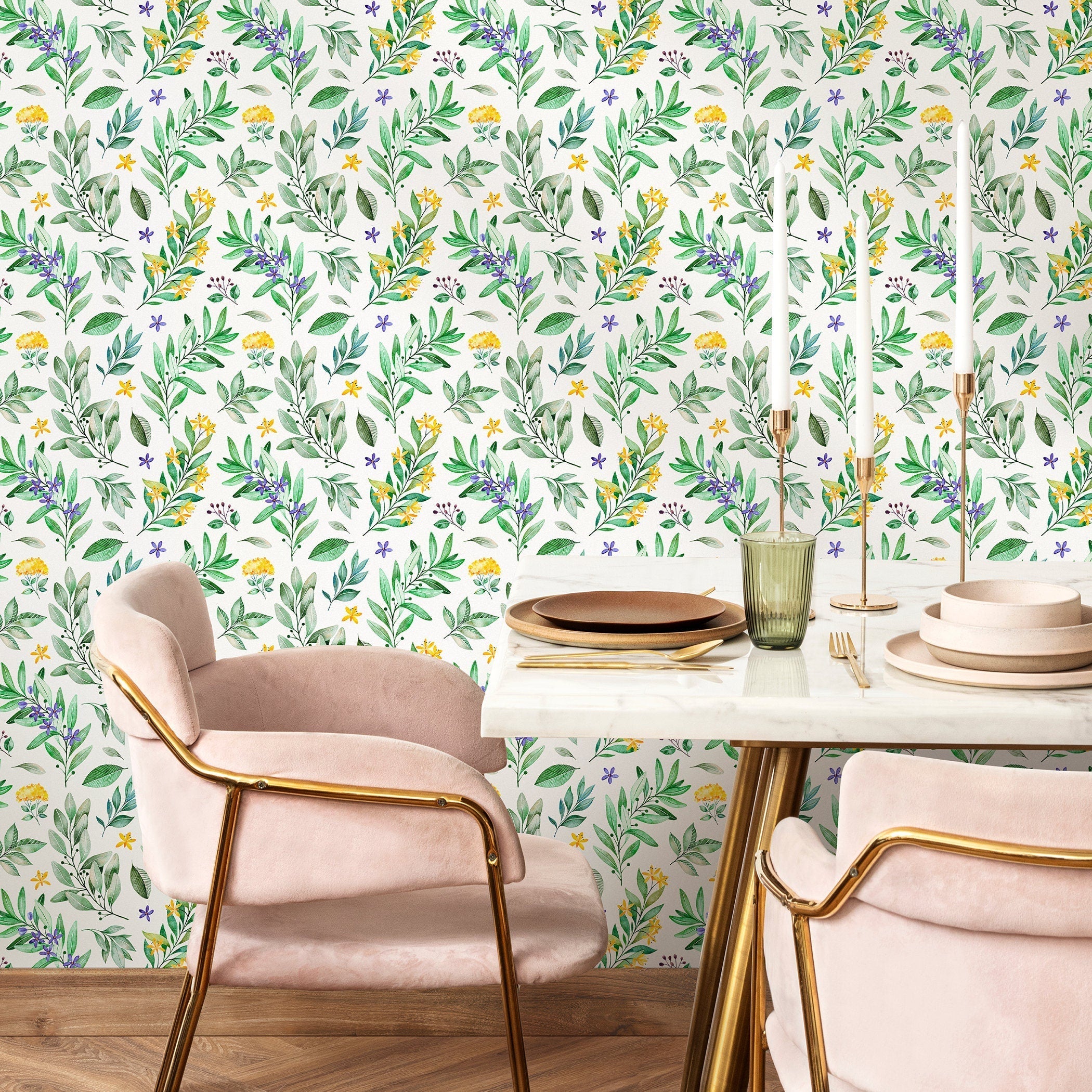 Botanical Wallpaper With Watercolor Leaves And Florals In Green, Yellow, And Purple - A708