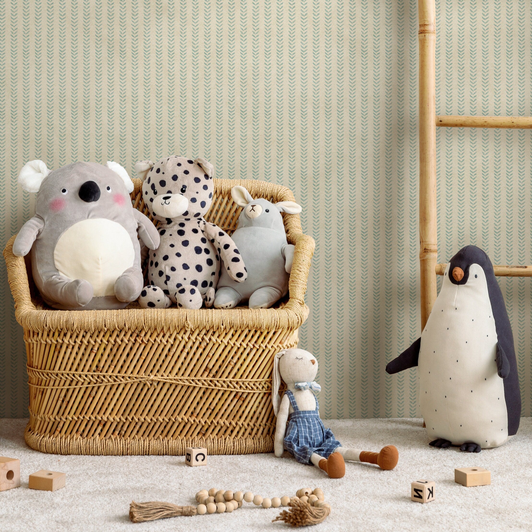 Geometric Wallpaper With A Hand-painted Chevron Stripe Motif In Teal And Beige - A339