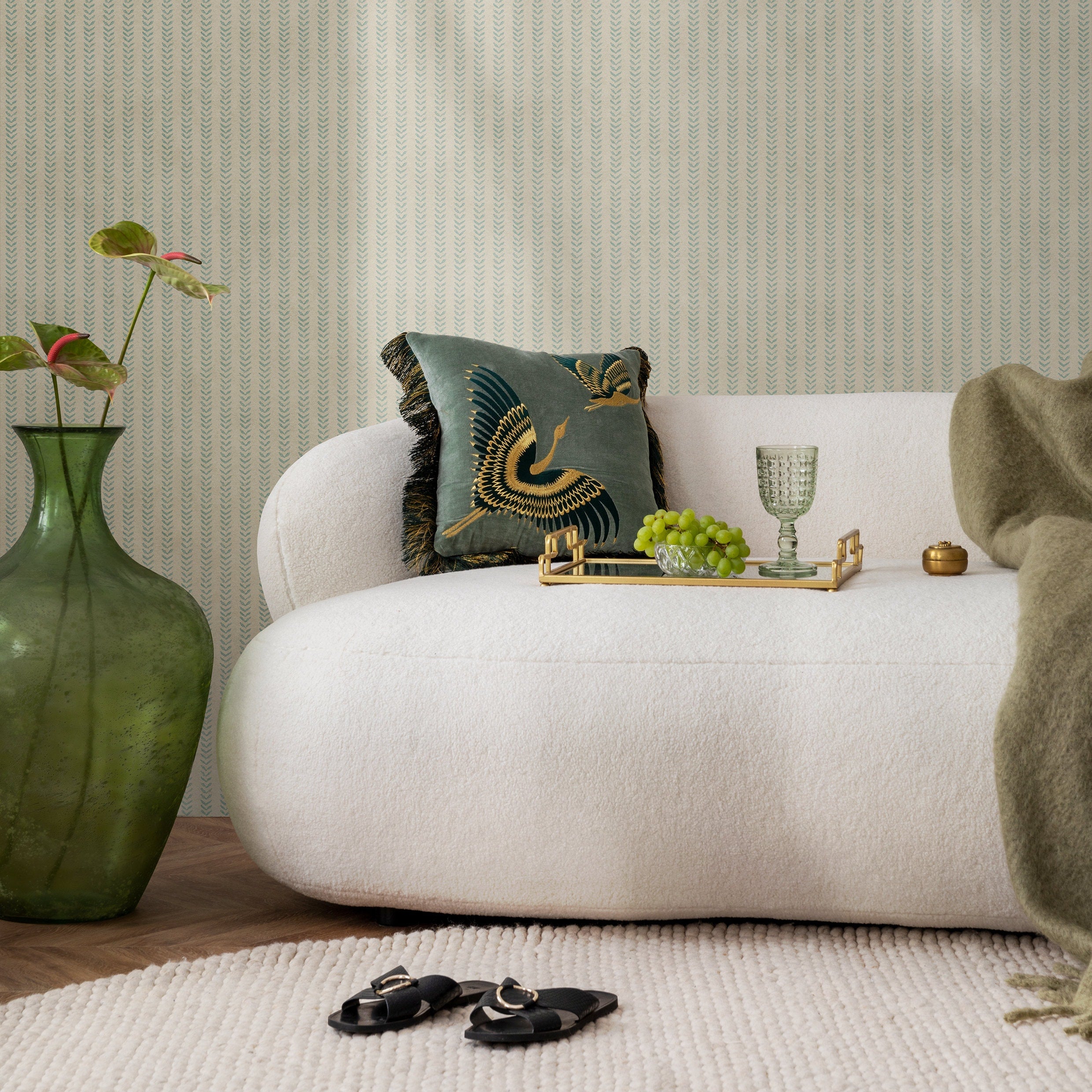 Geometric Wallpaper With A Hand-painted Chevron Stripe Motif In Teal And Beige - A339