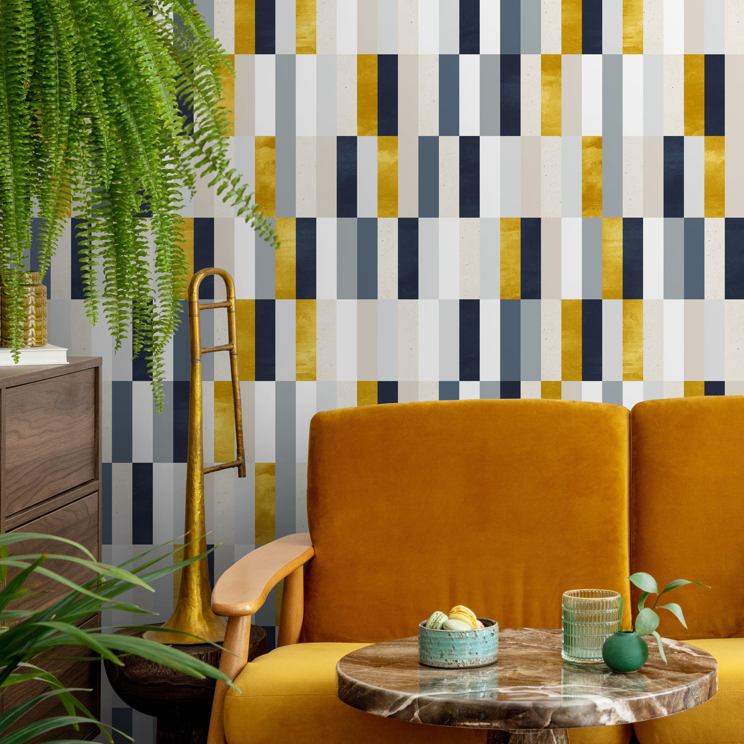 Geometric Wallpaper With A Modern Color Block Motif In Gold, Blue, And Grey - A340