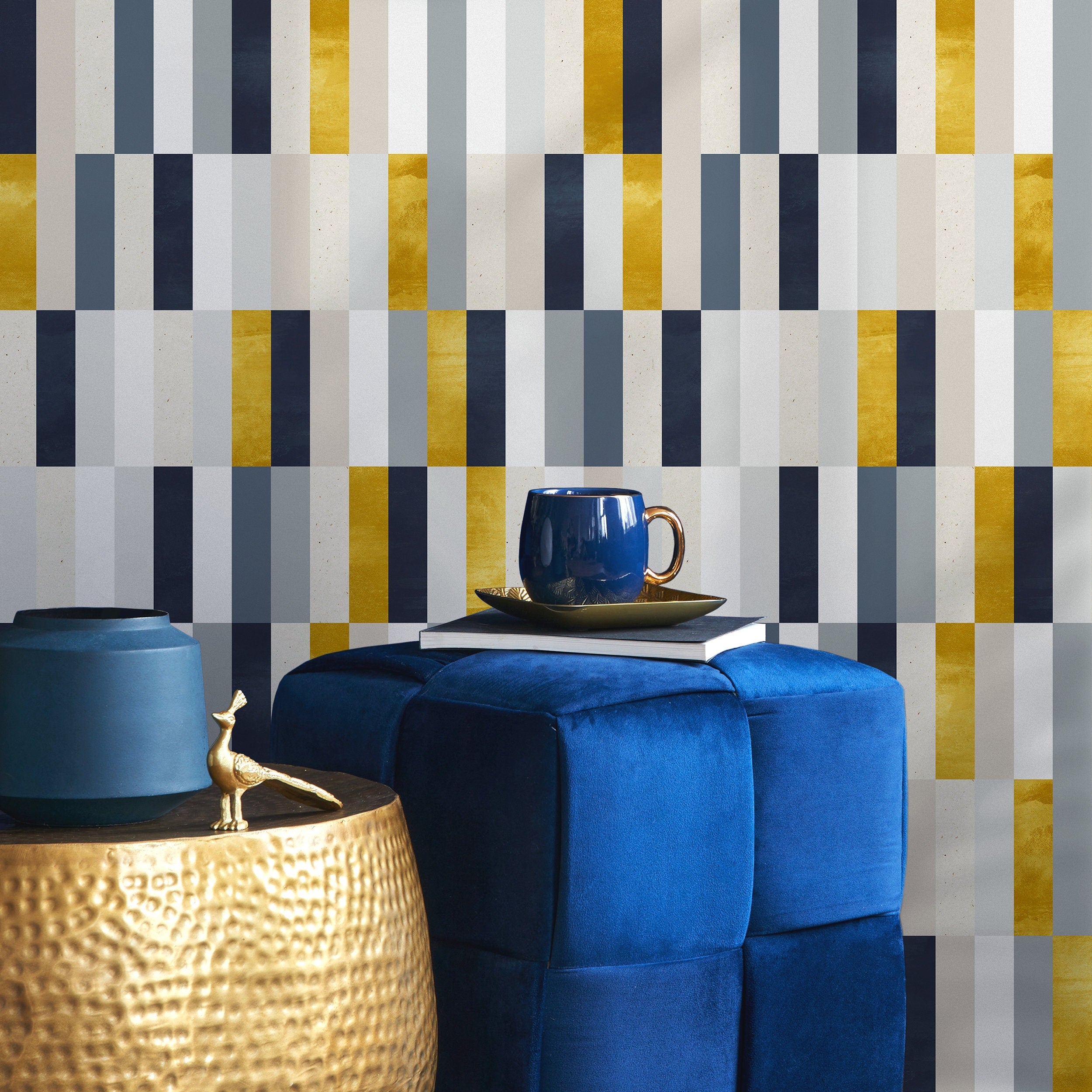 Geometric Wallpaper With A Modern Color Block Motif In Gold, Blue, And Grey - A340