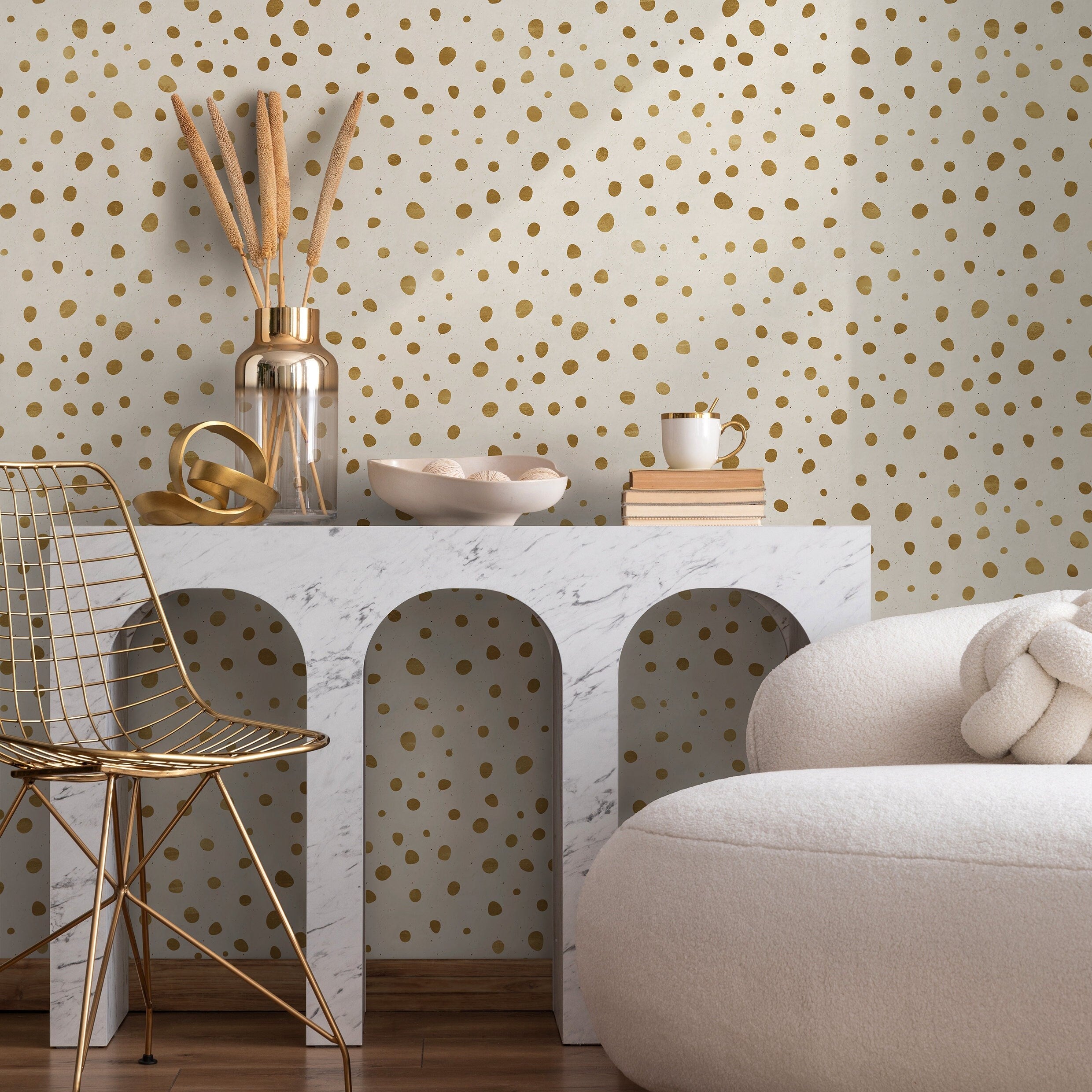 Abstract Wallpaper With Irregular Dots In Gold And Cream - A343