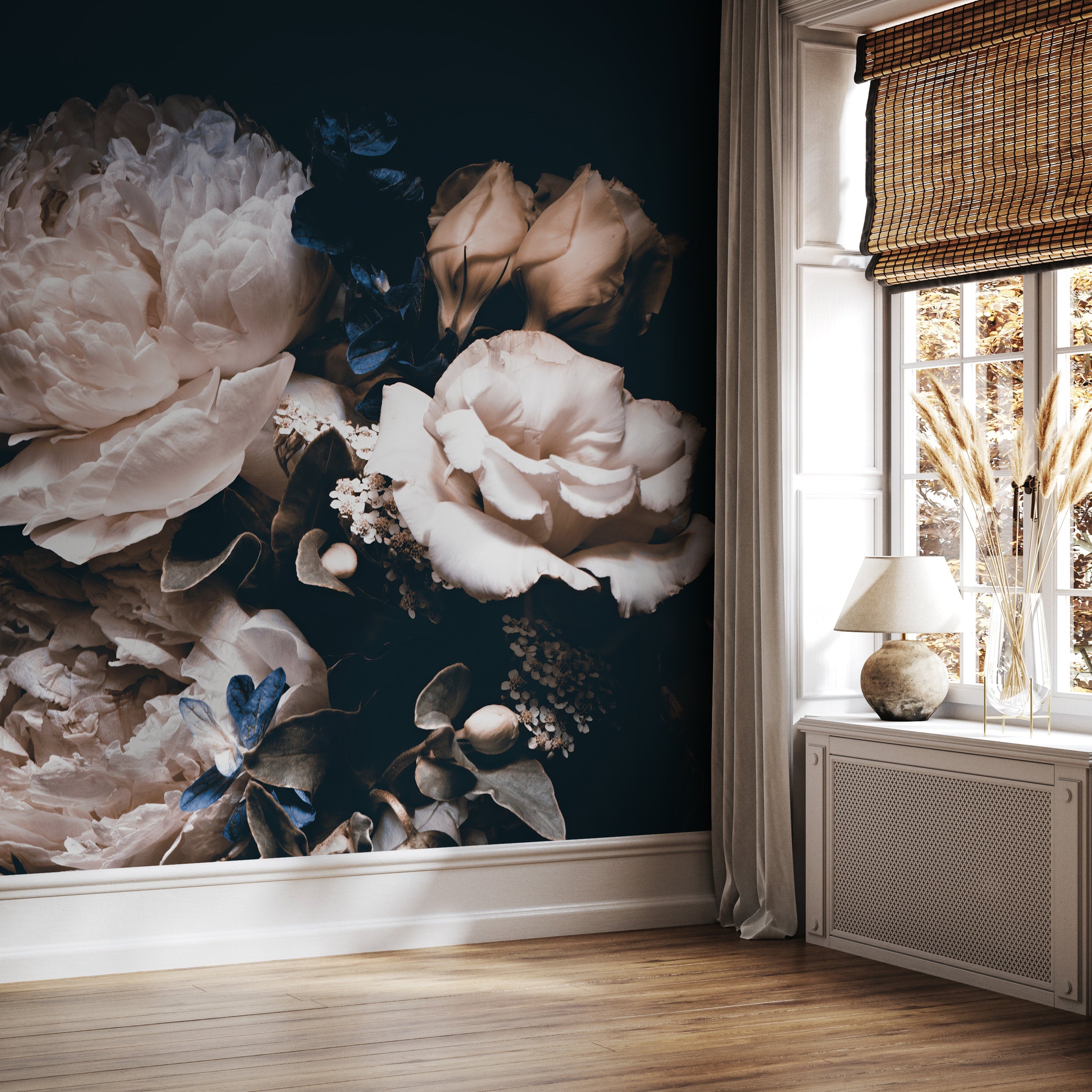 Dark Floral Wallpaper With A Moody Rose And Peony Bouquet In Cream And Blue - A344