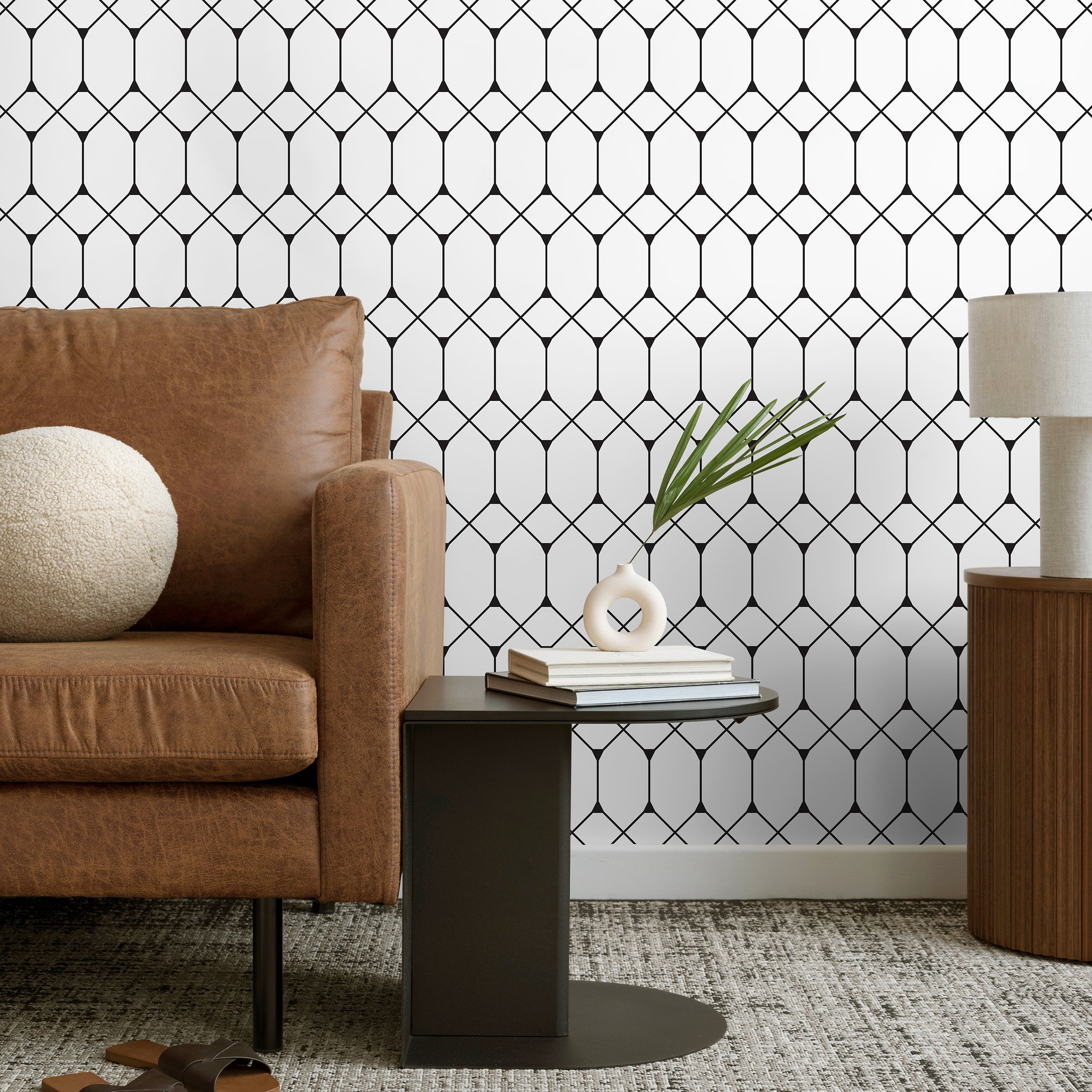 Geometric Wallpaper With A Minimalist Octagon Lattice In Black And White - A346