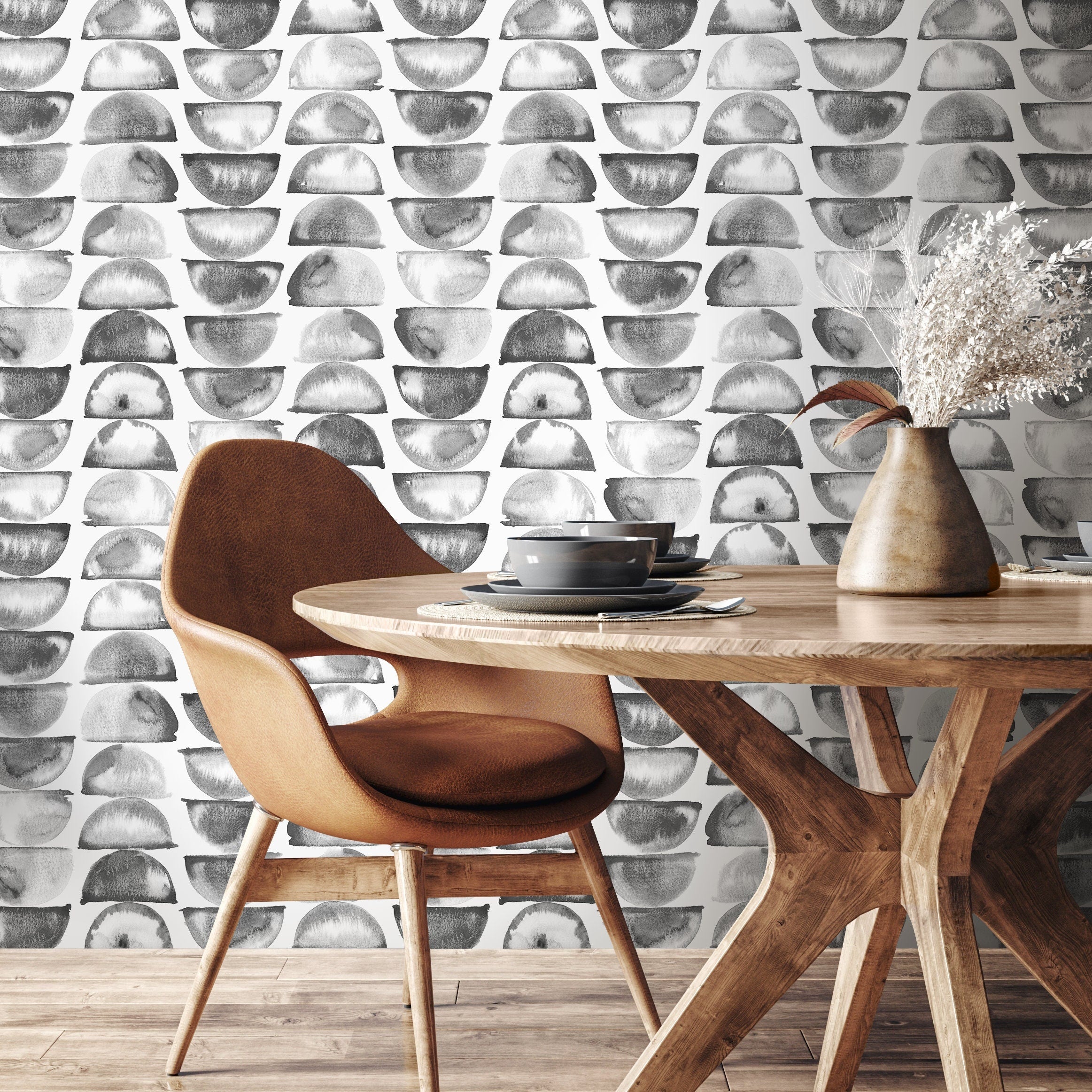 Geometric Wallpaper With A Watercolor Half-moon Motif In Gray And Black - A348