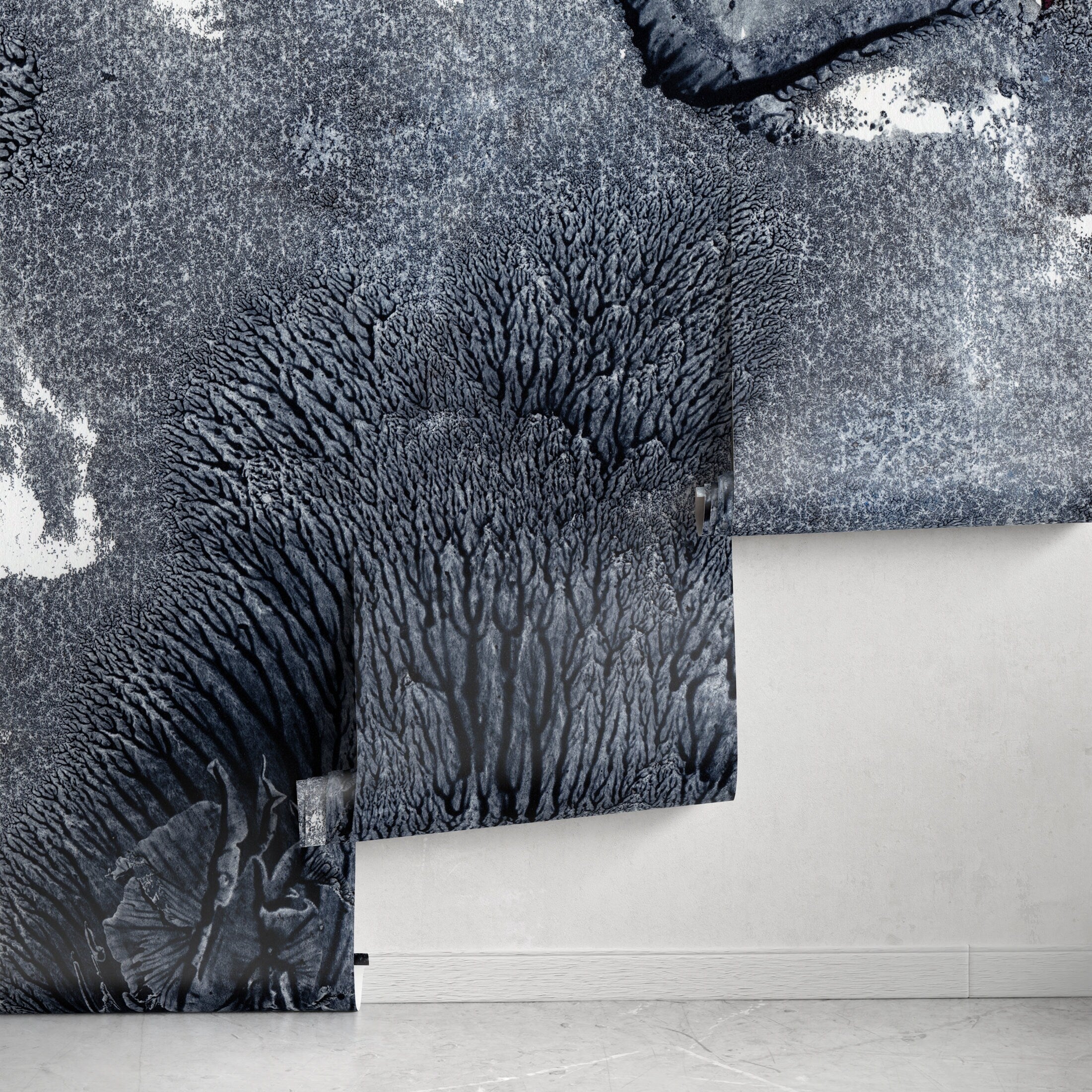 Abstract Wallpaper With A Textured Ink Blot Motif In Black, Gray, And Red - A349