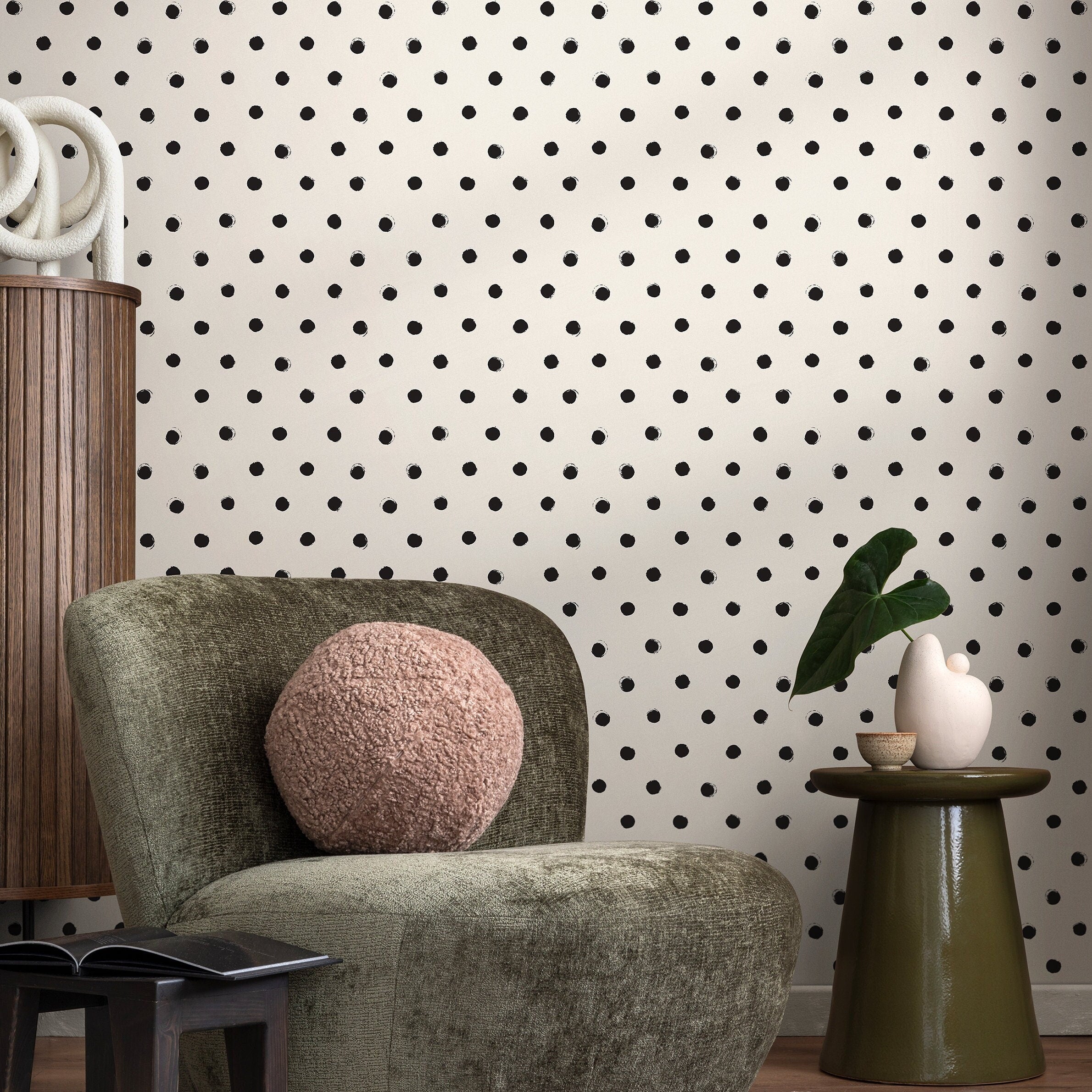 Polka Dot Wallpaper With A Hand-painted Motif In Black And Off-white - A355