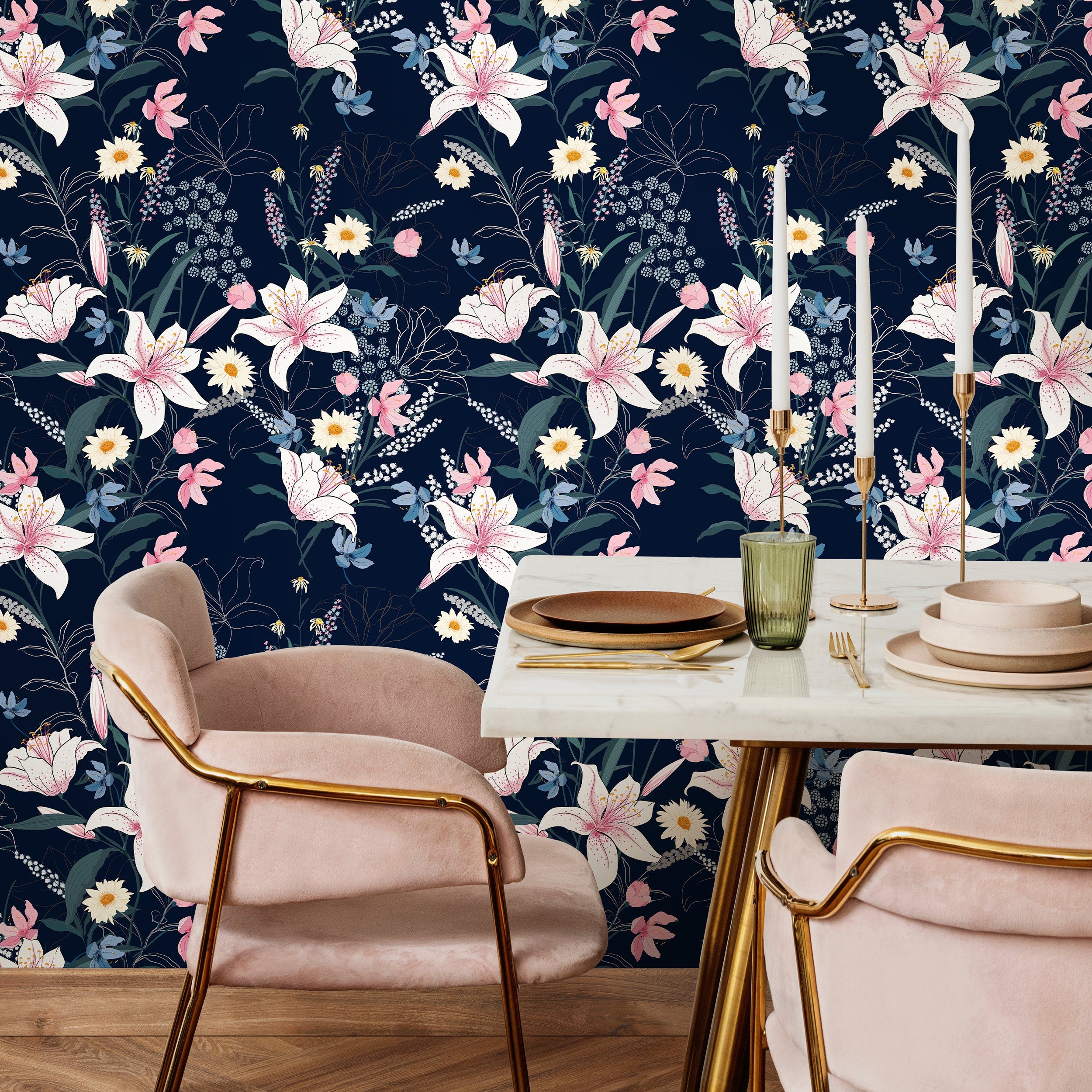 Floral Wallpaper With Lilies And Wildflowers In Navy Blue, Pink, And White - A563