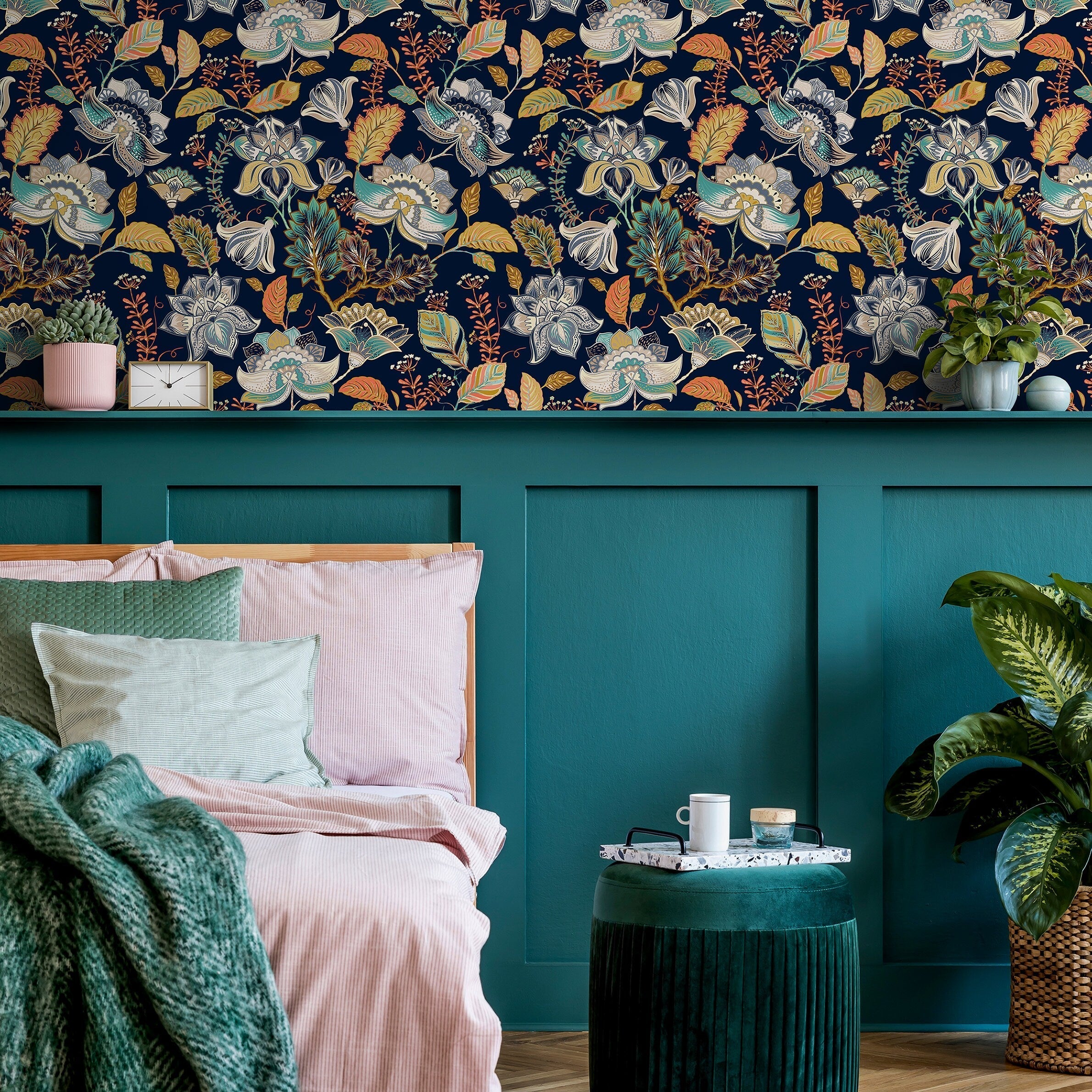 Floral Wallpaper With A Stylized Folk Art Motif In Navy Blue, Orange, And Teal - A620