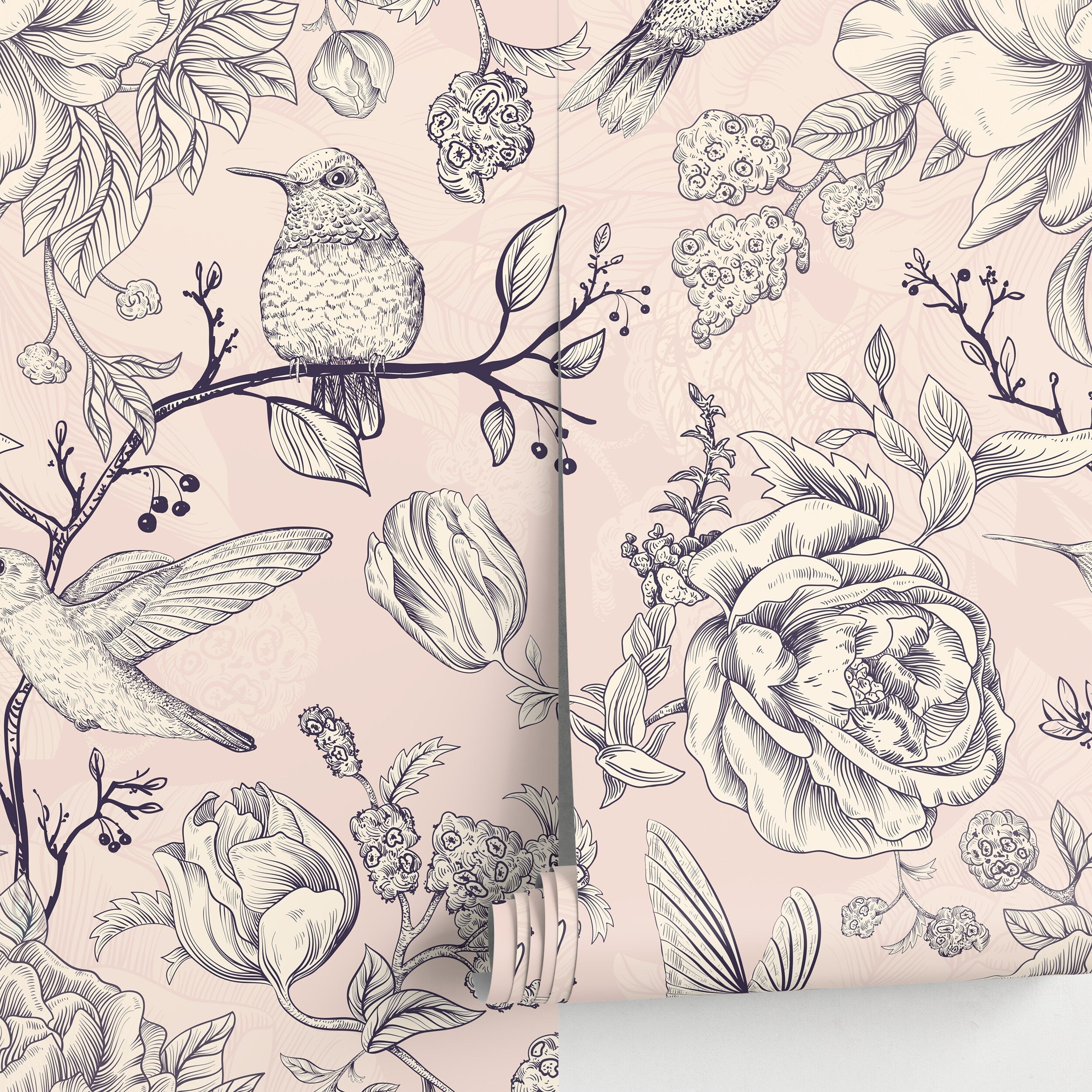 Vintage Floral Wallpaper With Hummingbirds And Peonies In Pink And Blue - A626
