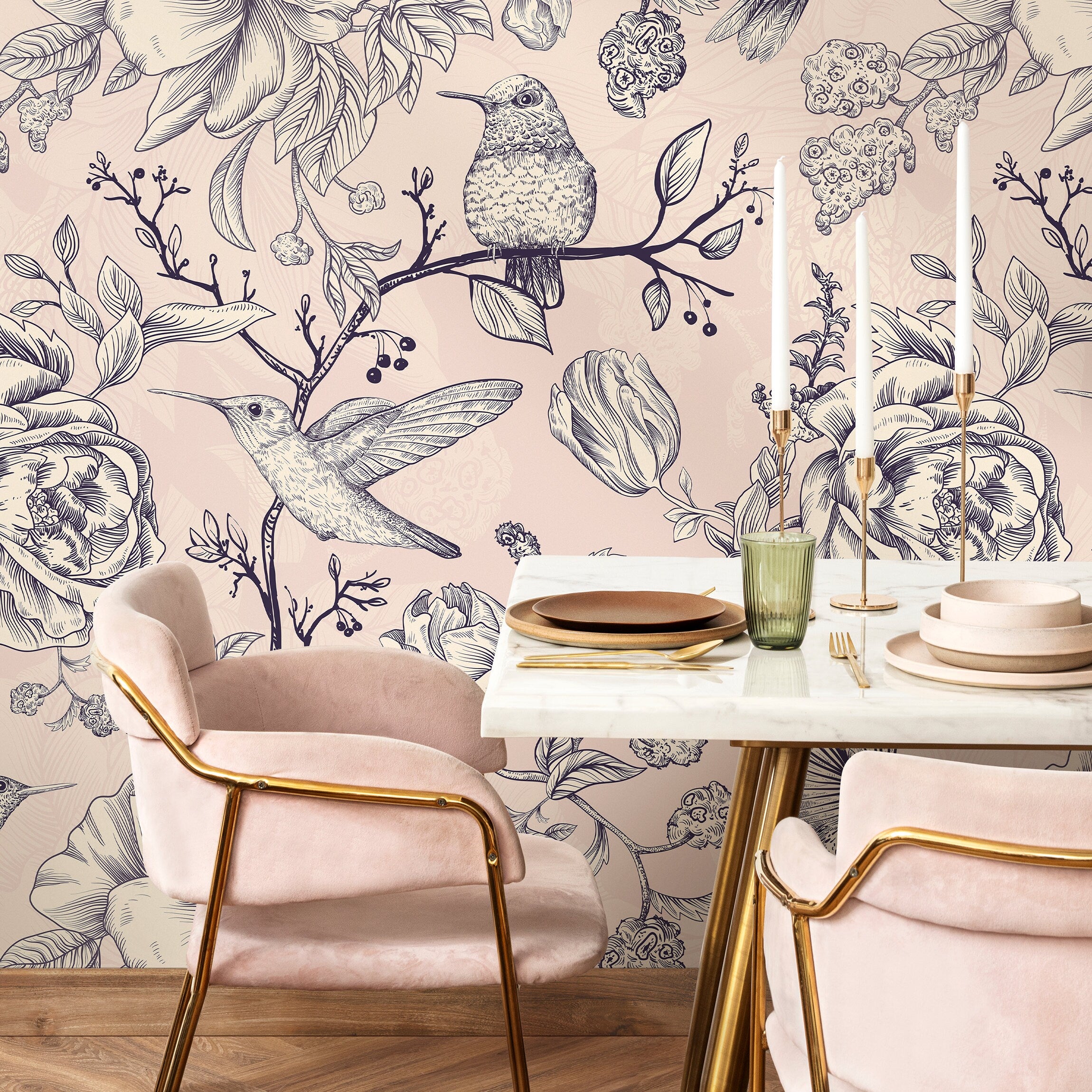 Vintage Floral Wallpaper With Hummingbirds And Peonies In Pink And Blue - A626