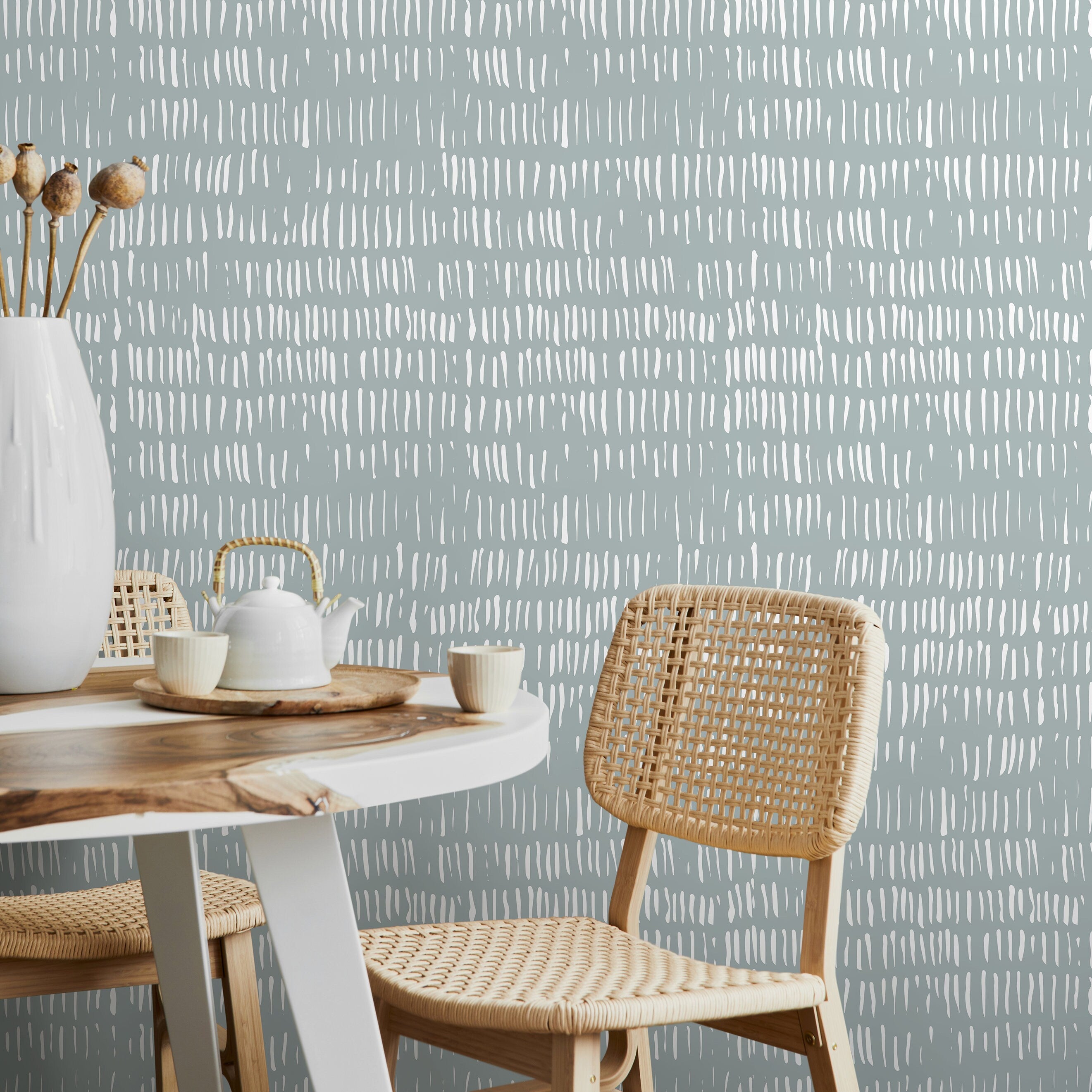 Abstract Wallpaper With Hand-drawn Vertical Lines In Sage Green And White - A635