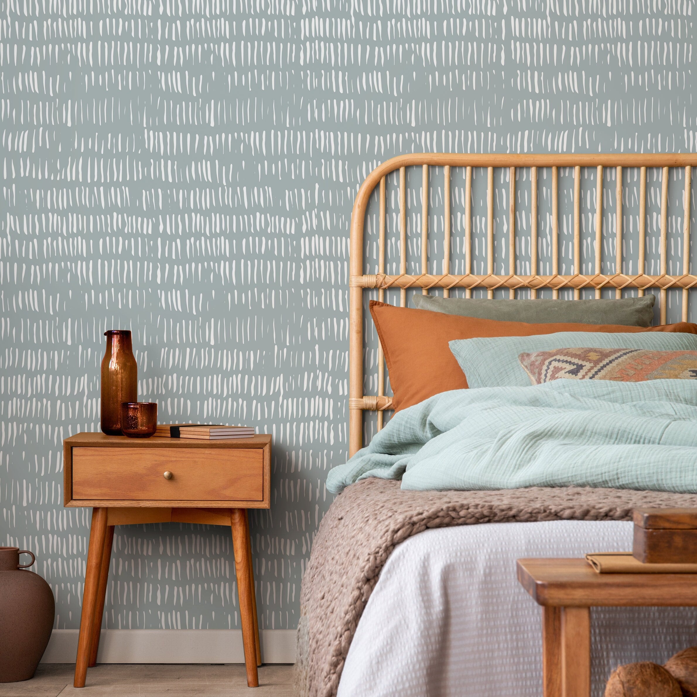 Abstract Wallpaper With Hand-drawn Vertical Lines In Sage Green And White - A635