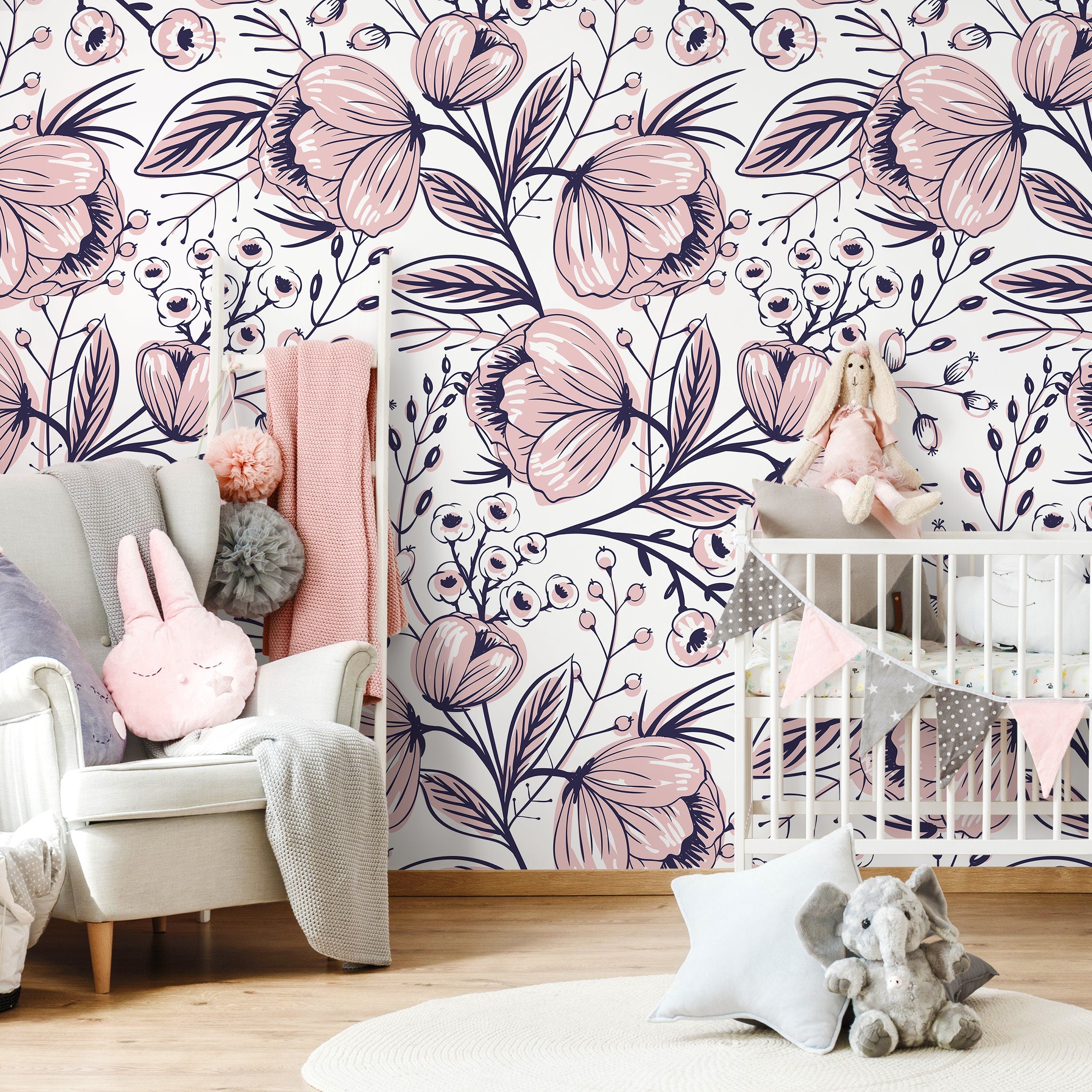 Floral Wallpaper Featuring Stylized Hand-drawn Blooms In Pink And Navy Blue - A691