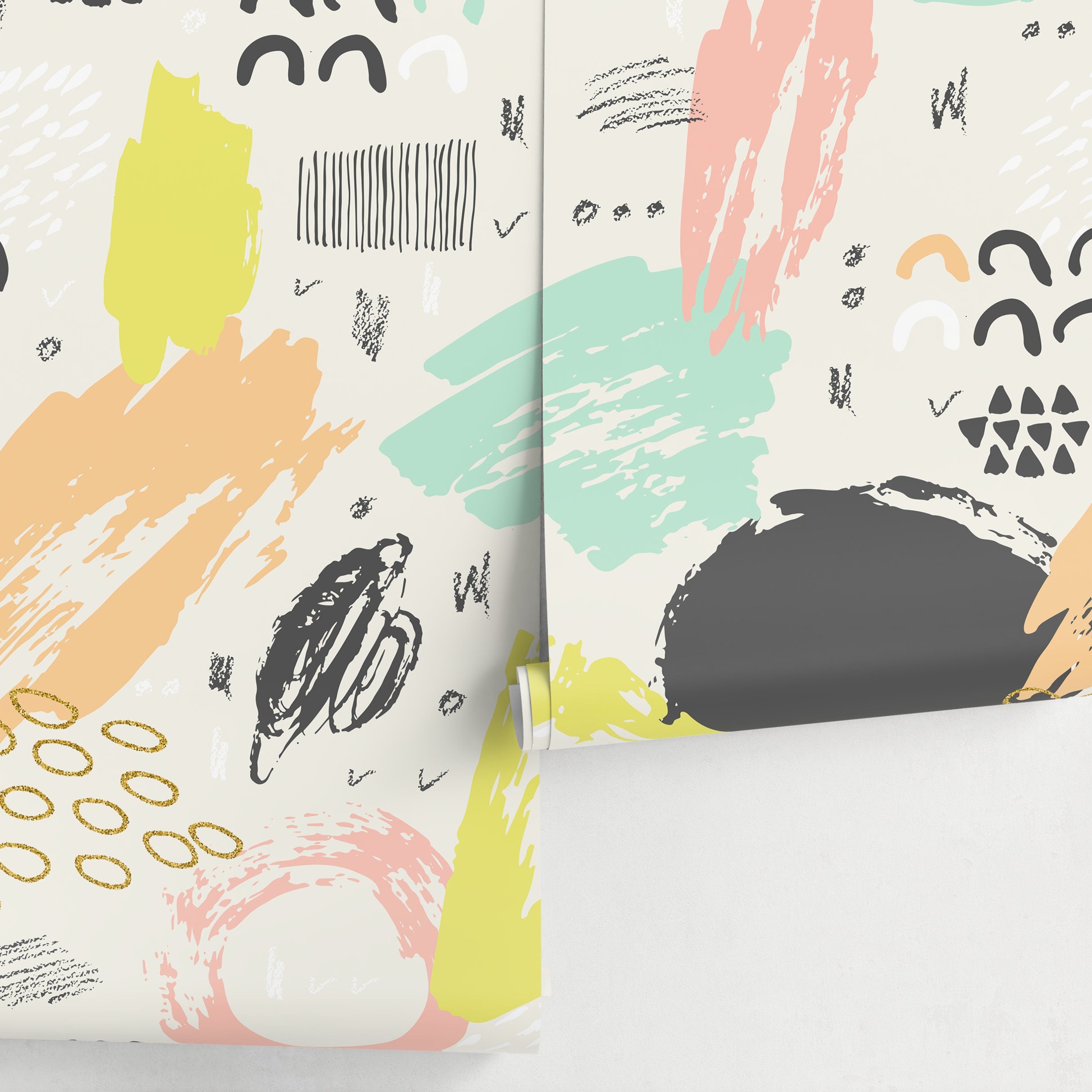 Abstract Wallpaper With Artistic Brush Strokes In Mint, Pink, And Yellow - A695