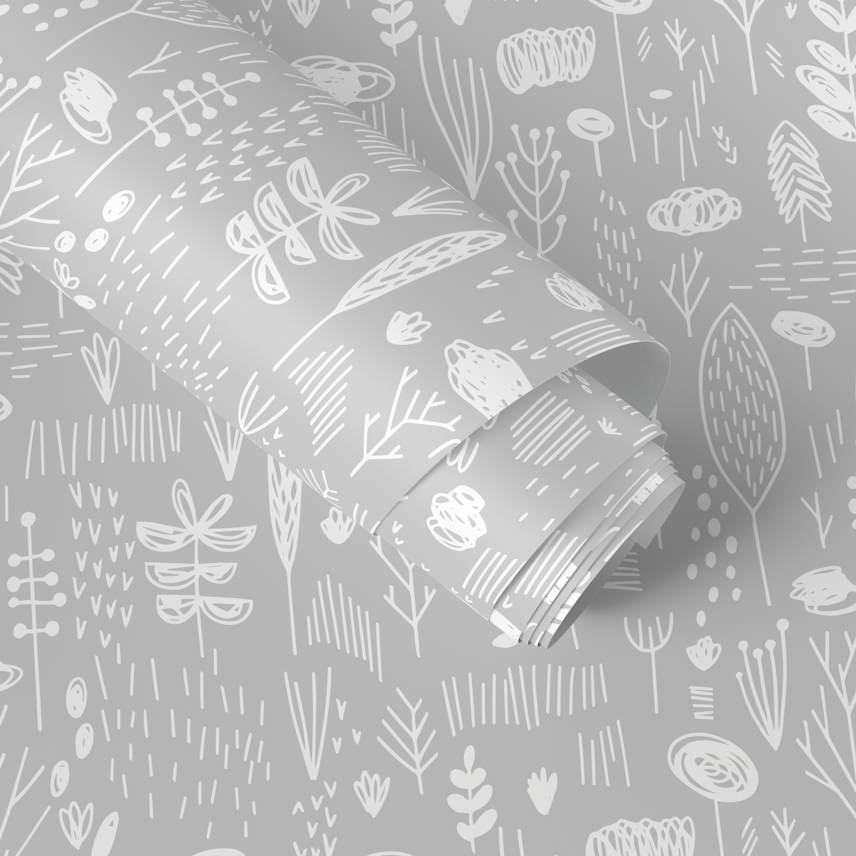 Scandinavian Wallpaper With Hand-drawn Woodland Motifs In Gray And White - A701