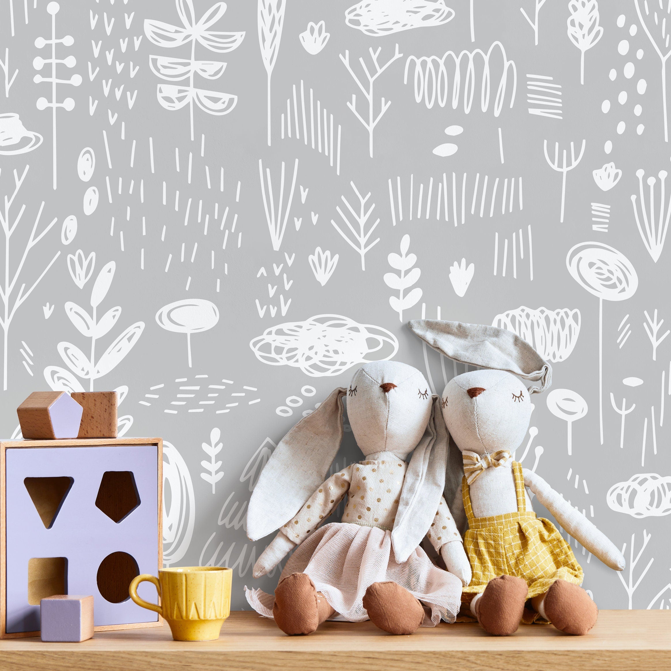 Scandinavian Wallpaper With Hand-drawn Woodland Motifs In Gray And White - A701