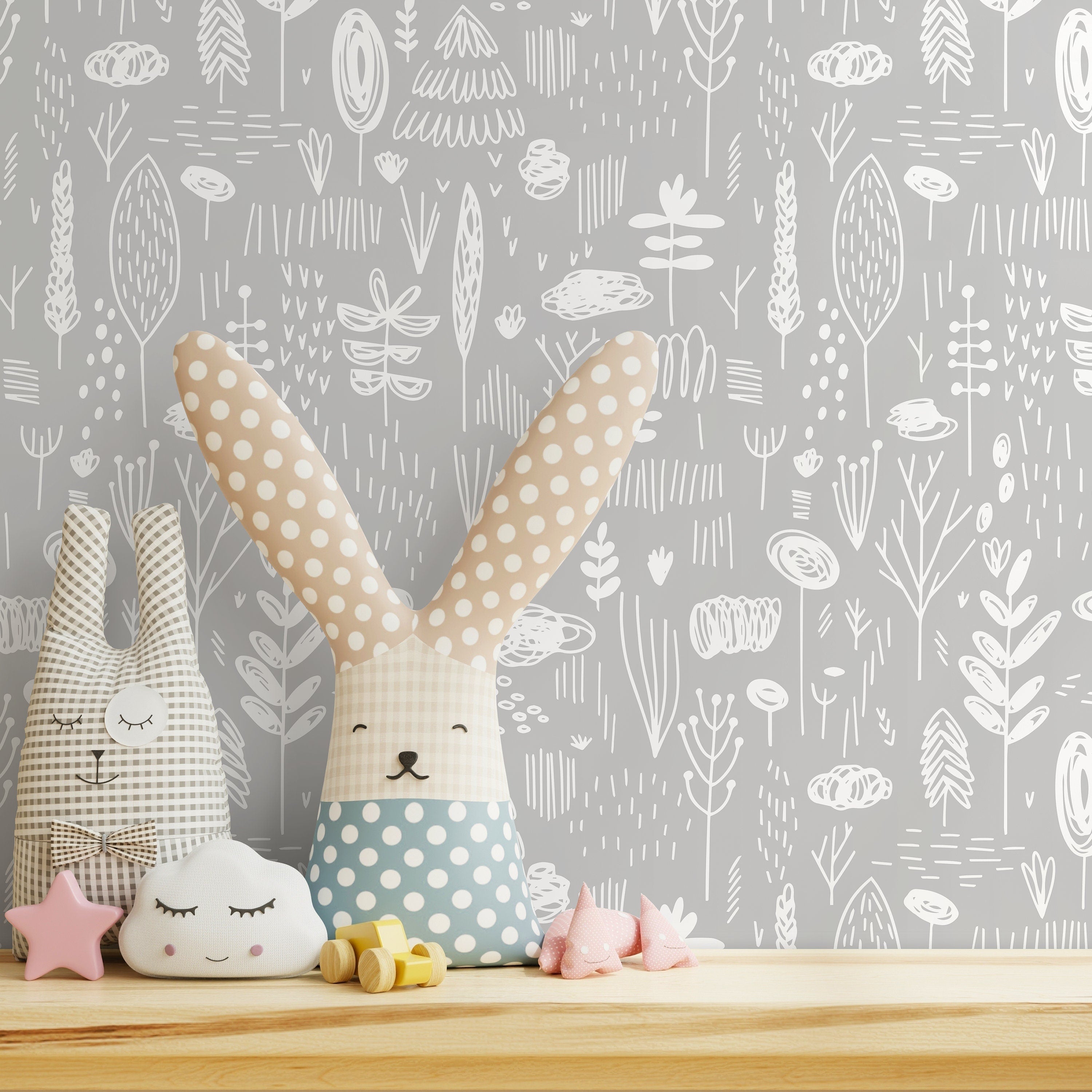 Scandinavian Wallpaper With Hand-drawn Woodland Motifs In Gray And White - A701