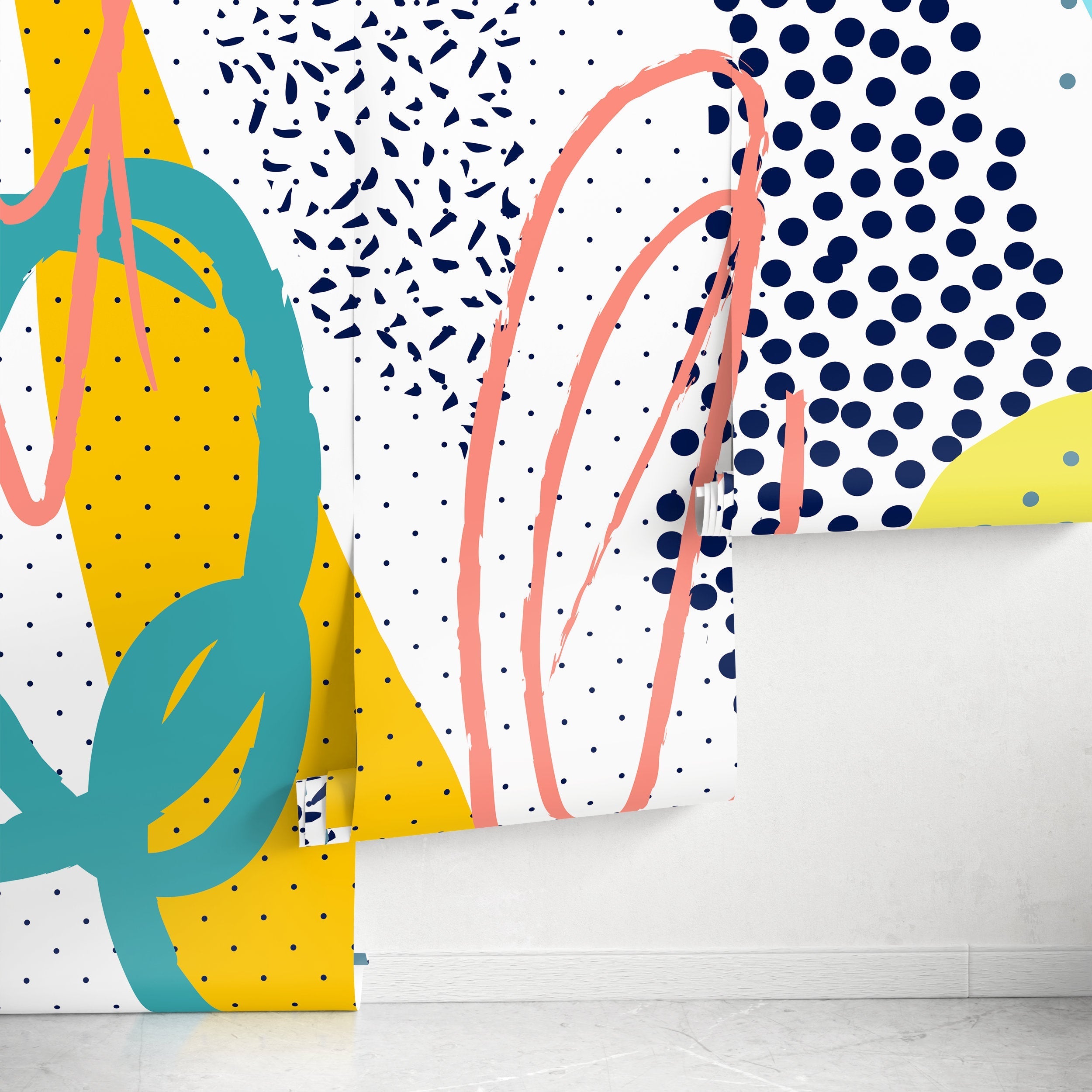 Abstract Wallpaper With Memphis Style Shapes And Dots In Blue, Yellow, And Teal - A705