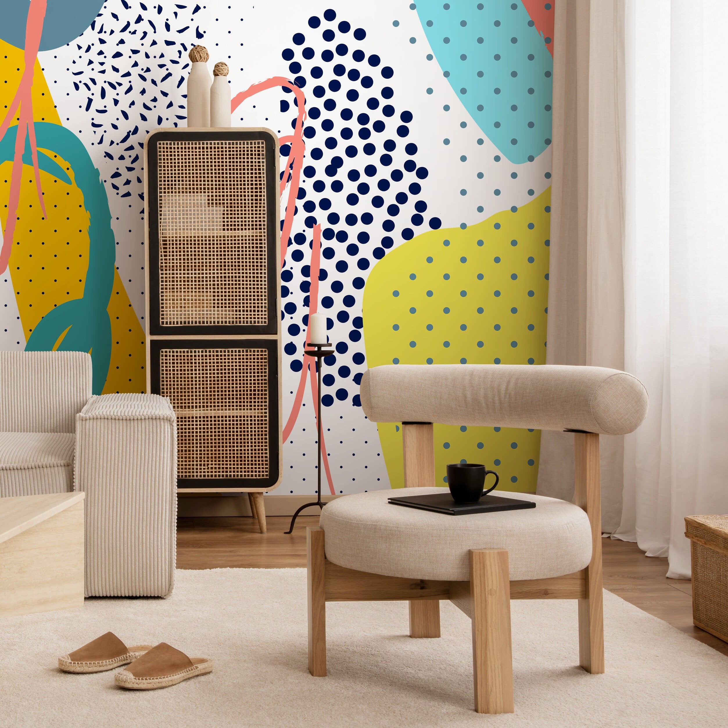 Abstract Wallpaper With Memphis Style Shapes And Dots In Blue, Yellow, And Teal - A705