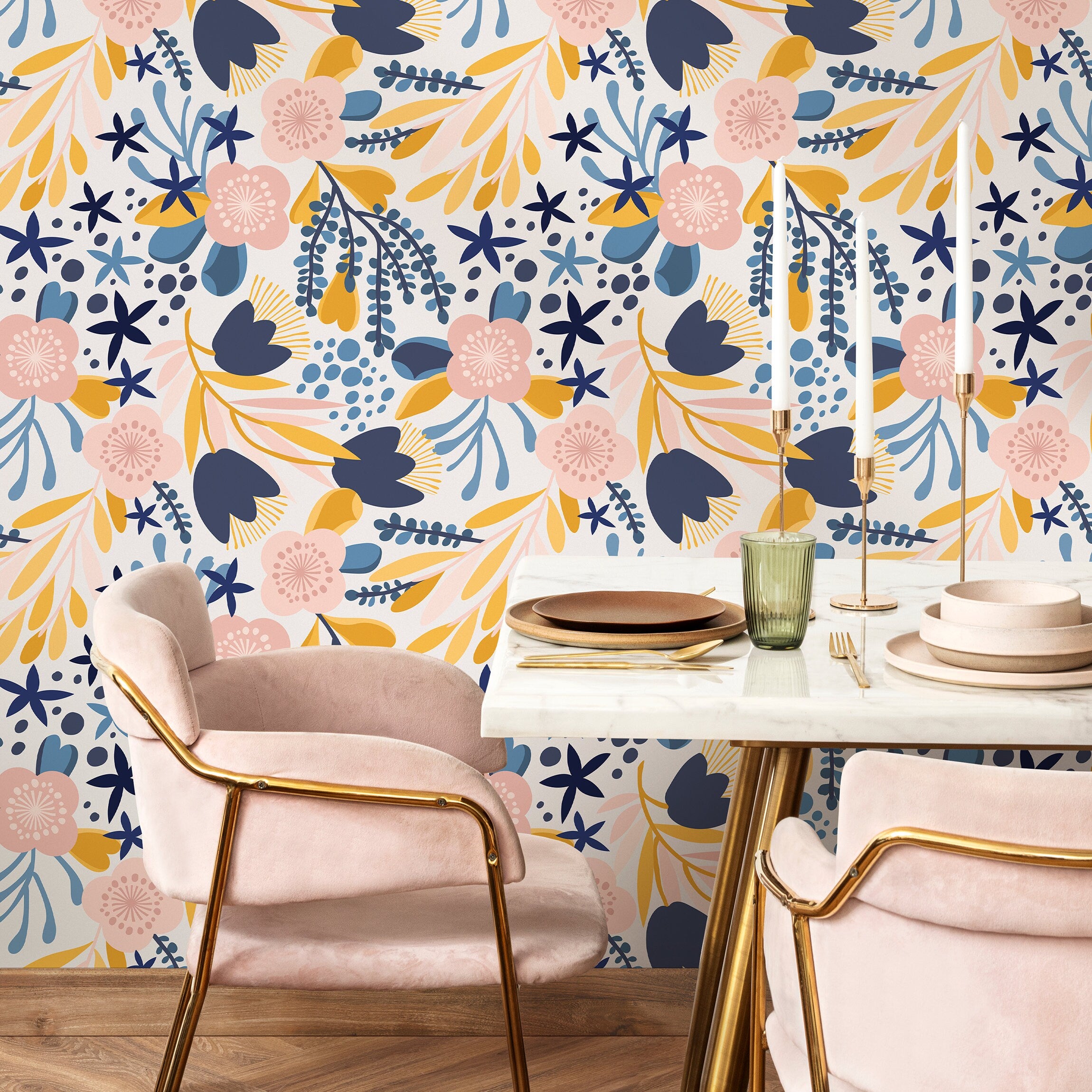 Scandinavian Wallpaper With Stylized Flowers In Navy Blue, Yellow, And Pink - A714
