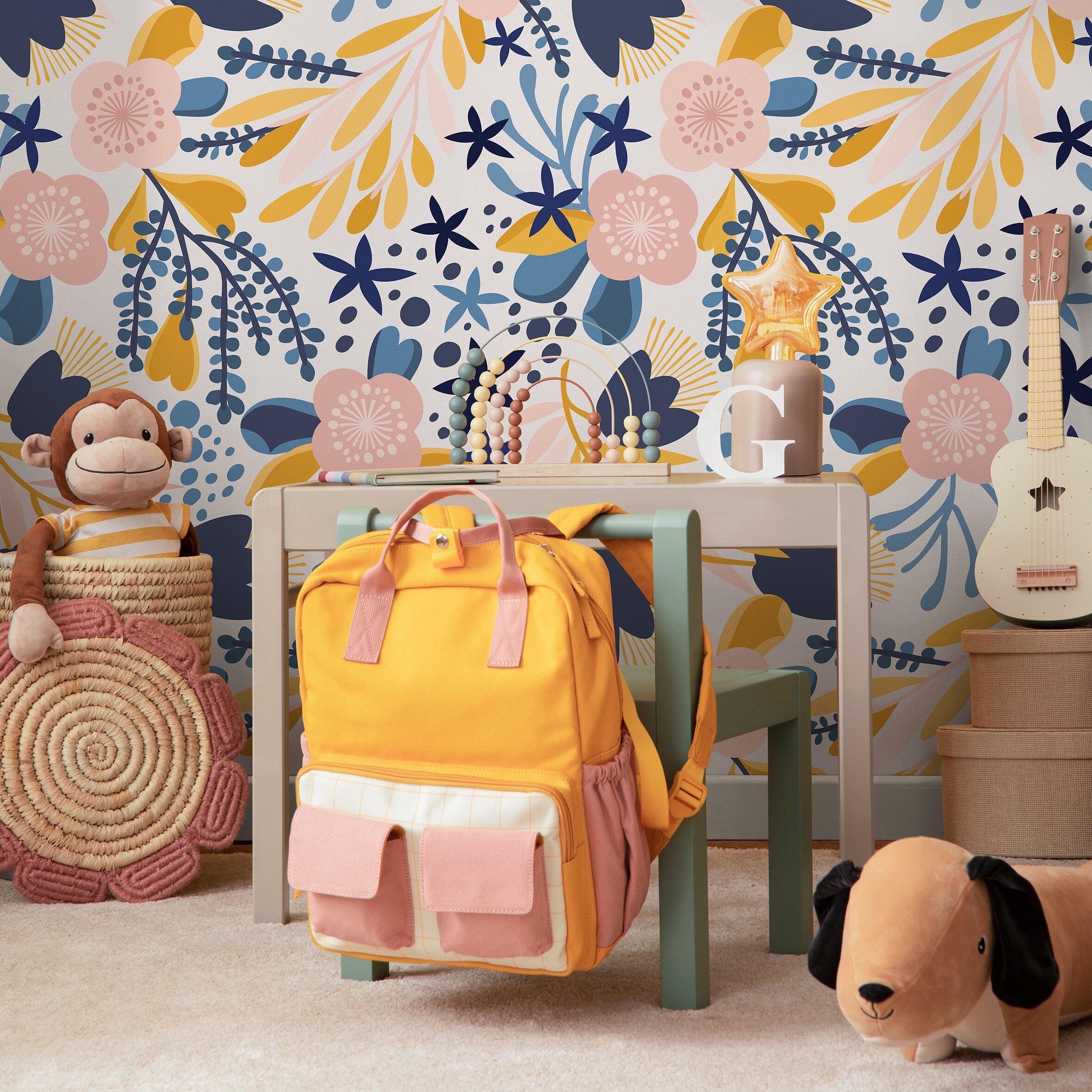 Scandinavian Wallpaper With Stylized Flowers In Navy Blue, Yellow, And Pink - A714