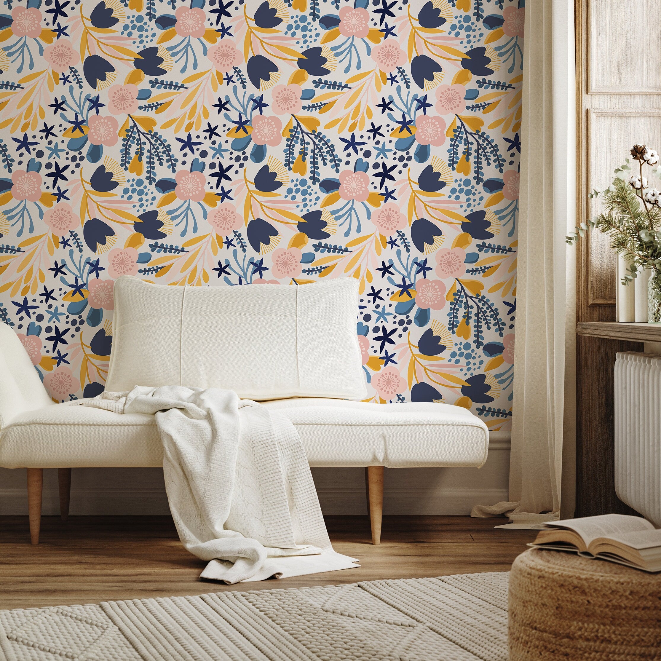 Scandinavian Wallpaper With Stylized Flowers In Navy Blue, Yellow, And Pink - A714