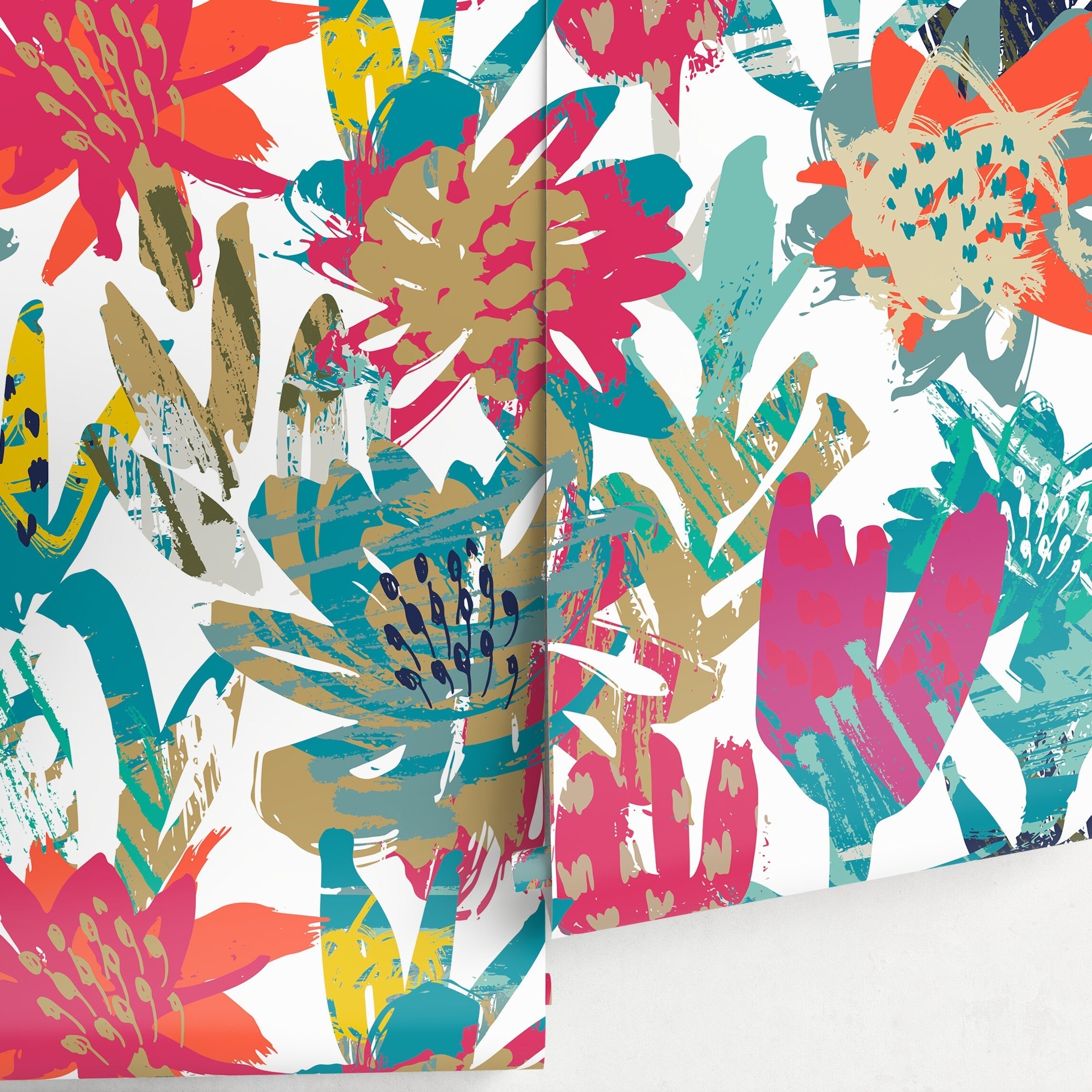 Abstract Wallpaper With Bold Brushstroke Flowers In Pink, Teal, And Yellow - A717