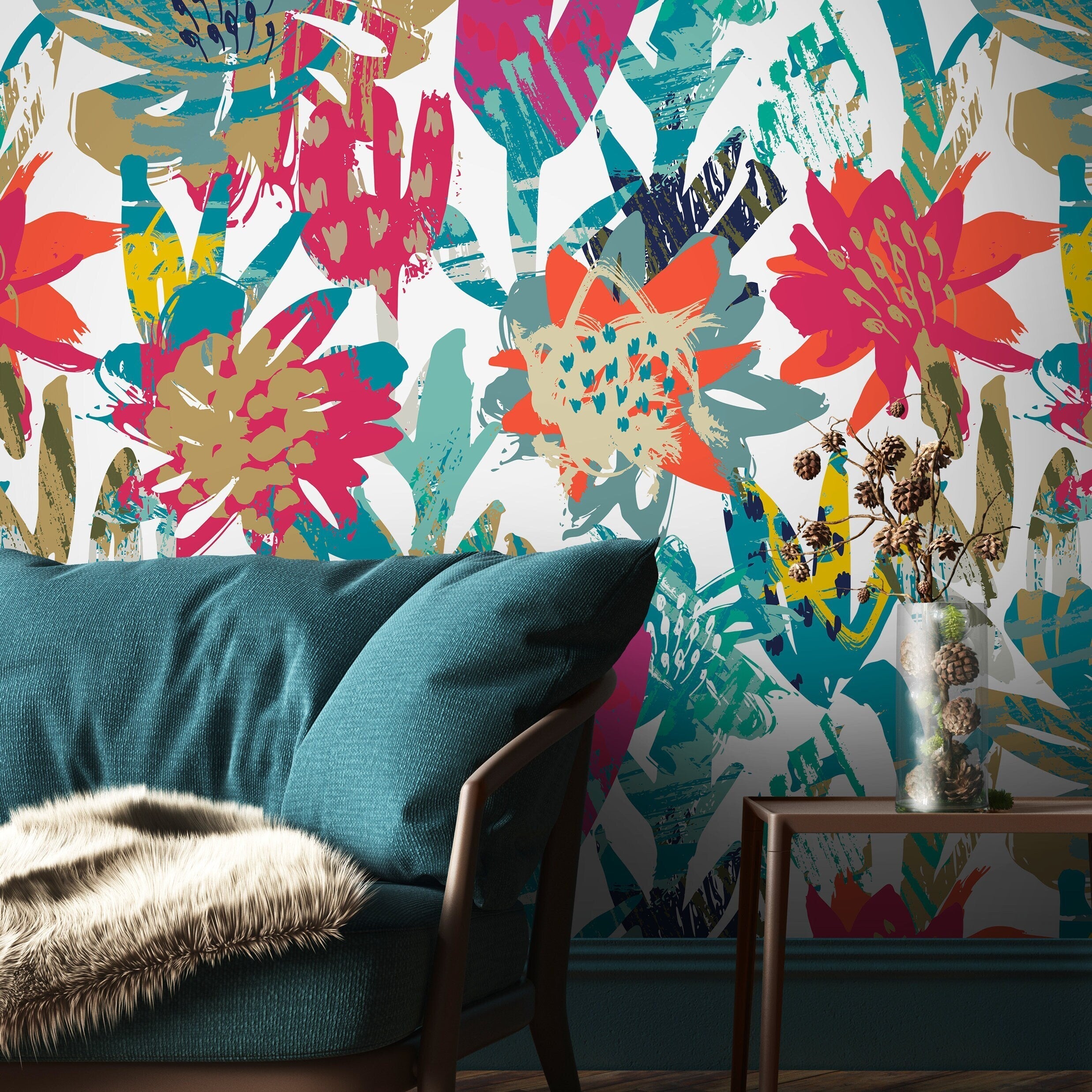 Abstract Wallpaper With Bold Brushstroke Flowers In Pink, Teal, And Yellow - A717