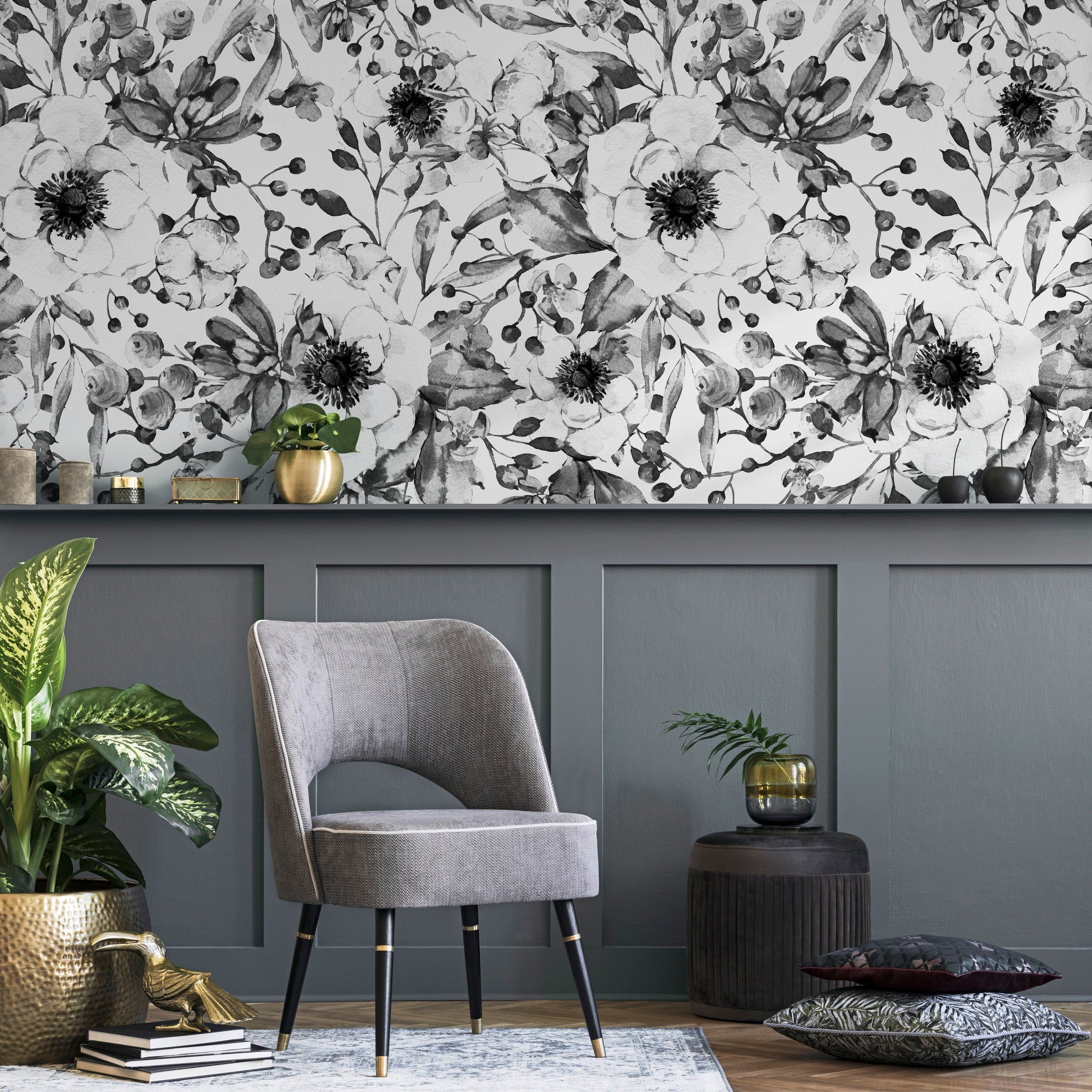 Floral Wallpaper With A Watercolor Anemone Motif In Black And White - A752