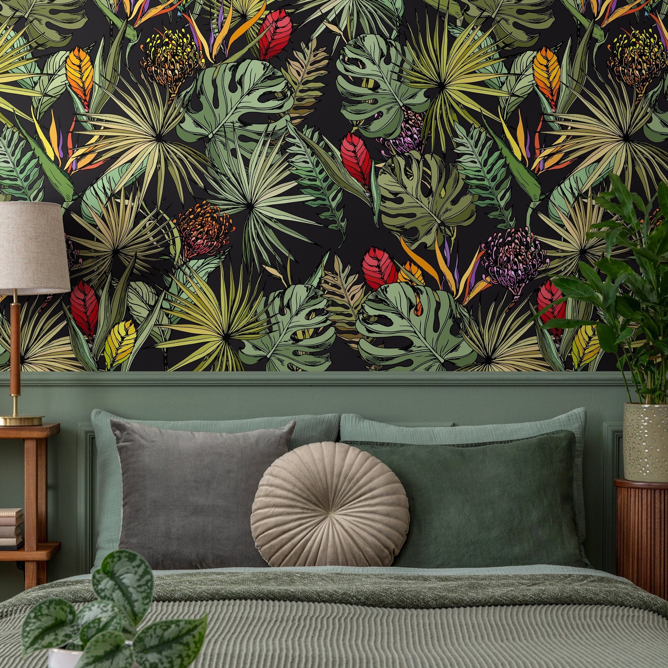 Tropical Wallpaper With Exotic Jungle Leaves In Green, Red, And Orange - A754