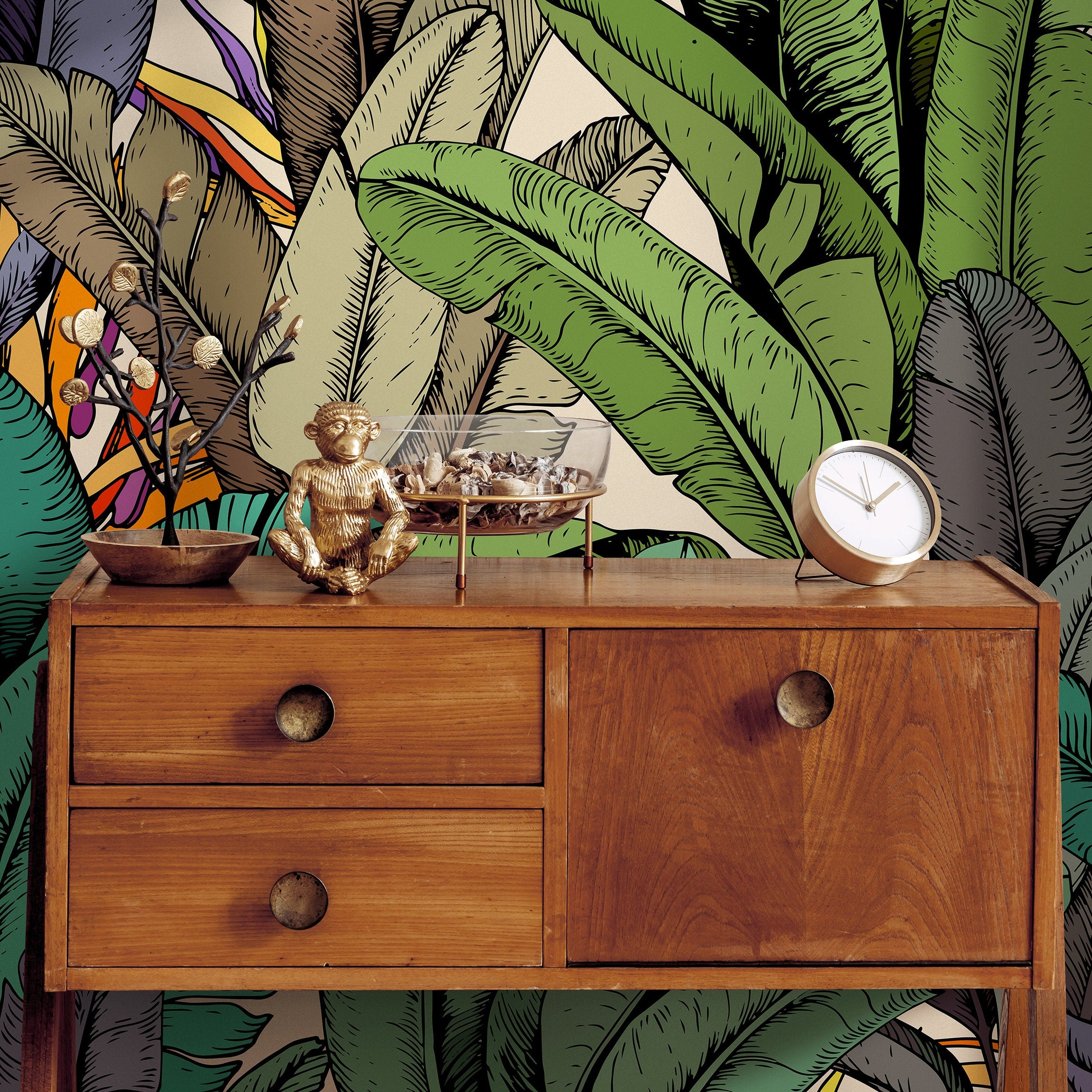 Tropical Wallpaper Featuring Illustrated Banana Leaves In Green, Purple, And Orange - A765