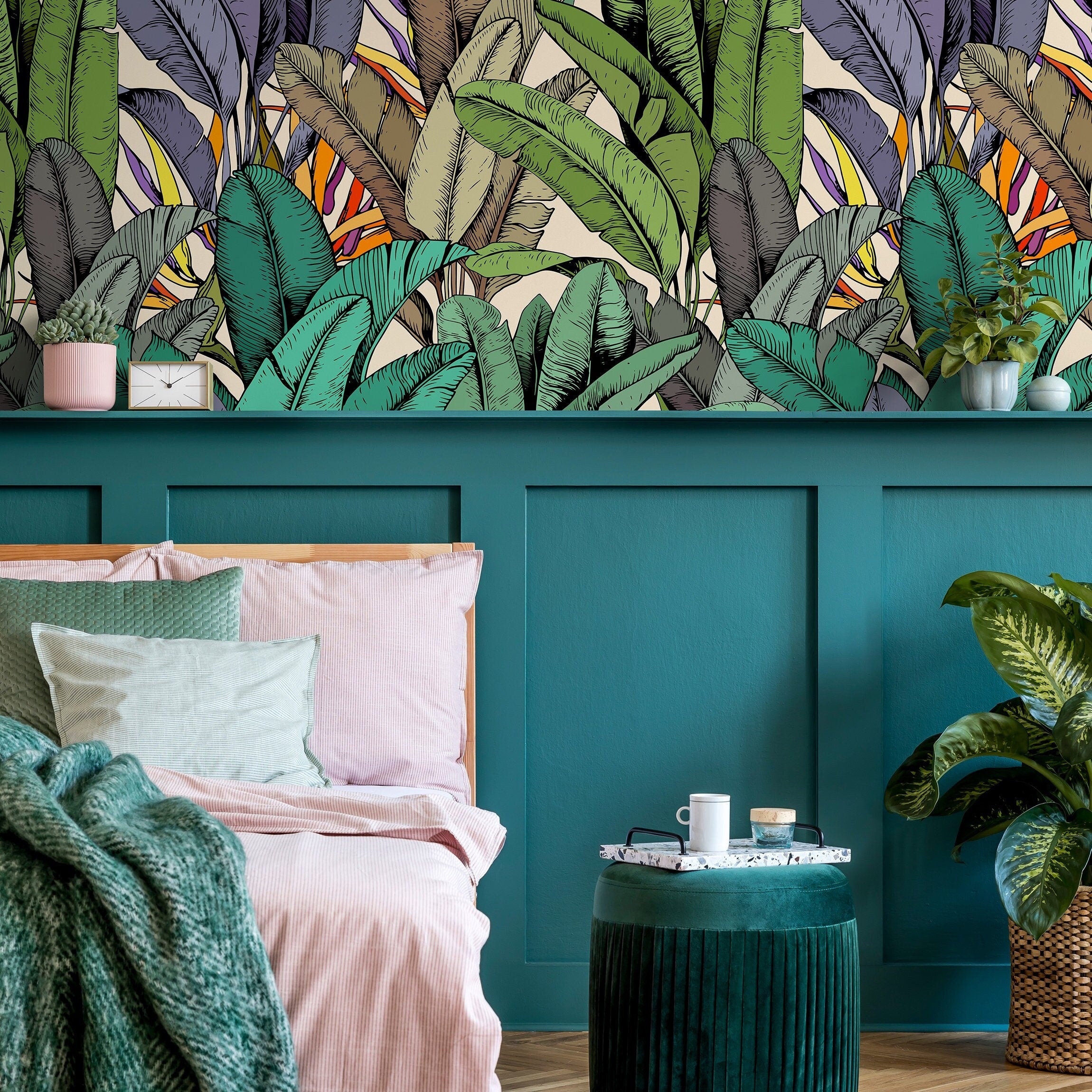 Tropical Wallpaper Featuring Illustrated Banana Leaves In Green, Purple, And Orange - A765