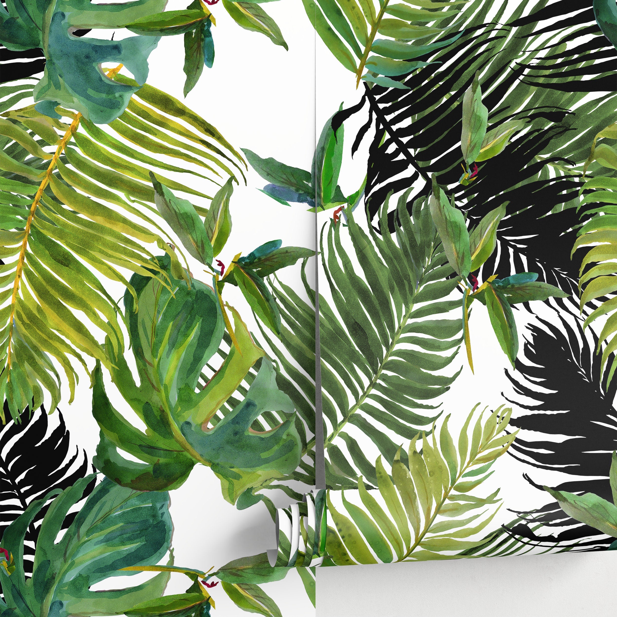 Tropical Wallpaper With Watercolor Palm Leaves In Green And Black - A767