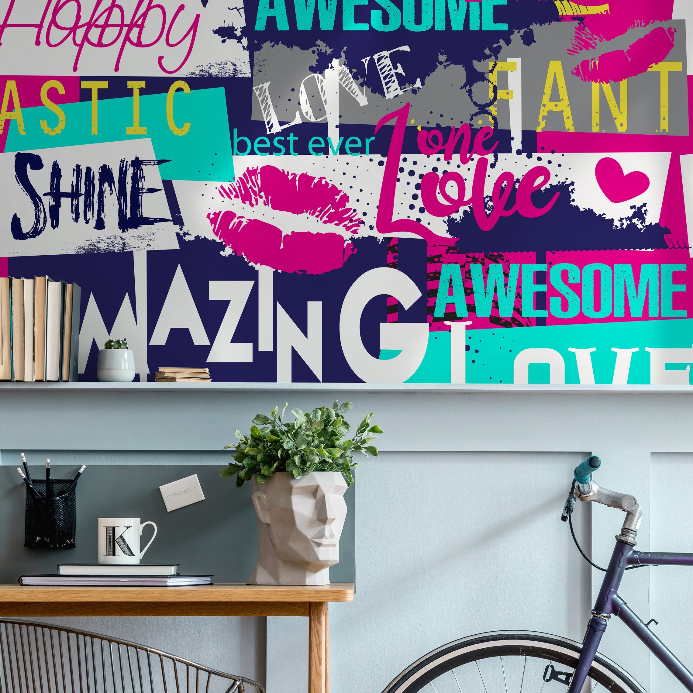 Graffiti Wallpaper With A Street Art Collage In Pink, Blue, And Yellow - A784