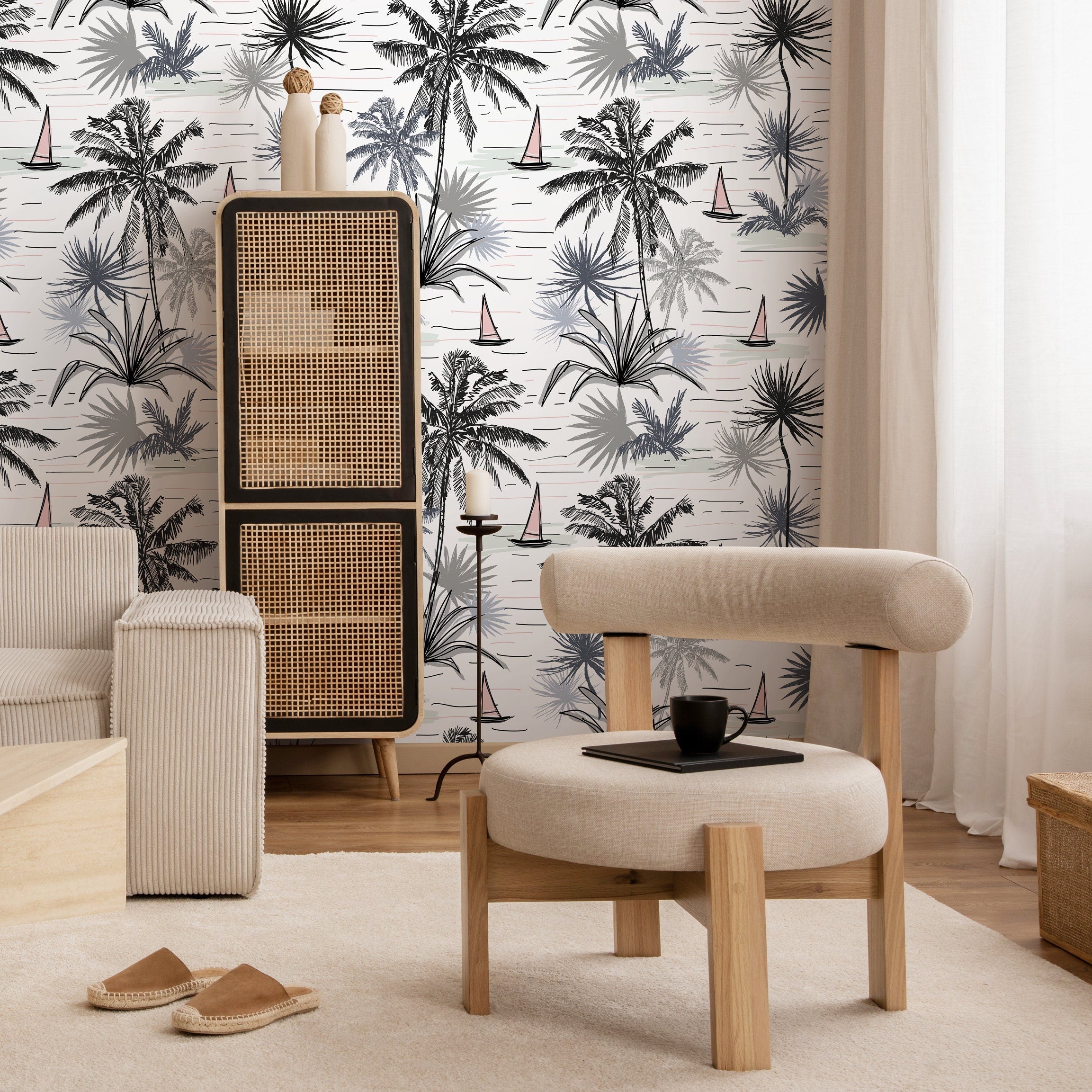 Tropical Wallpaper With Sketchy Palm Trees And Sailboats In Black, Grey, And Pink - A792