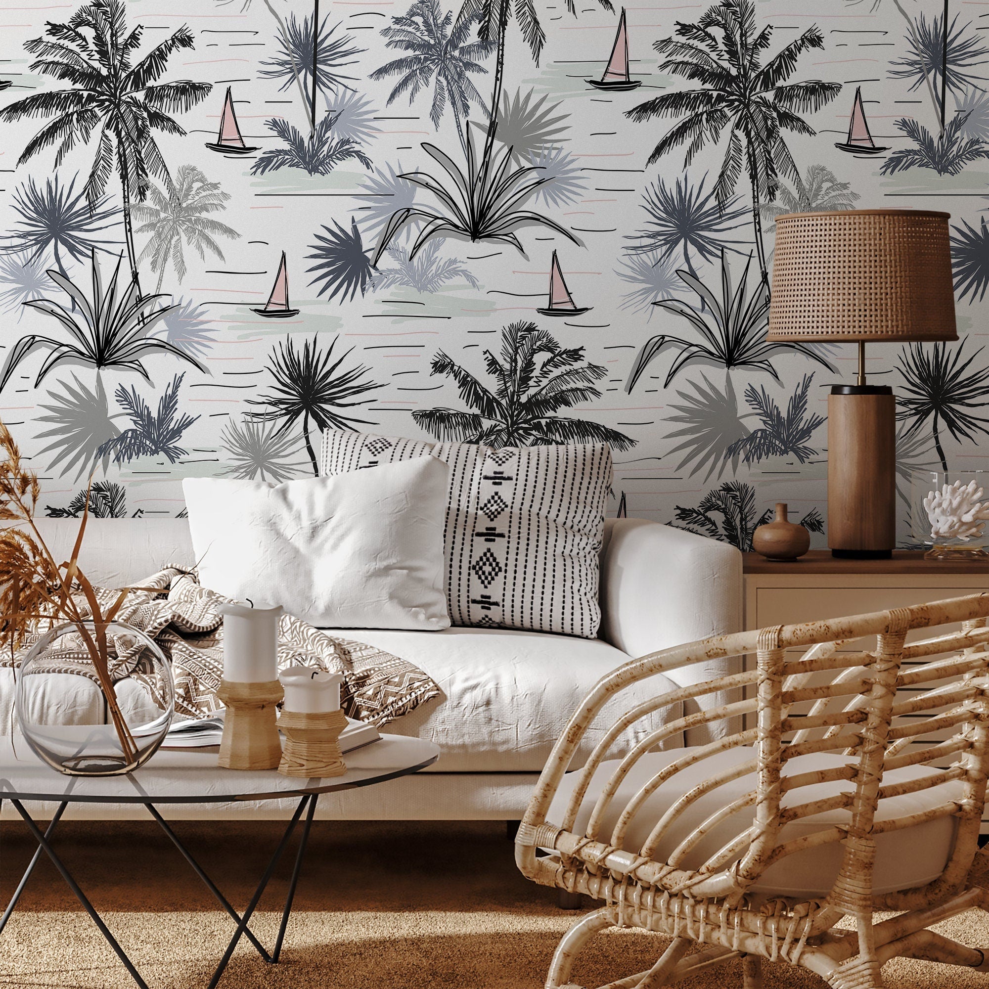 Tropical Wallpaper With Sketchy Palm Trees And Sailboats In Black, Grey, And Pink - A792