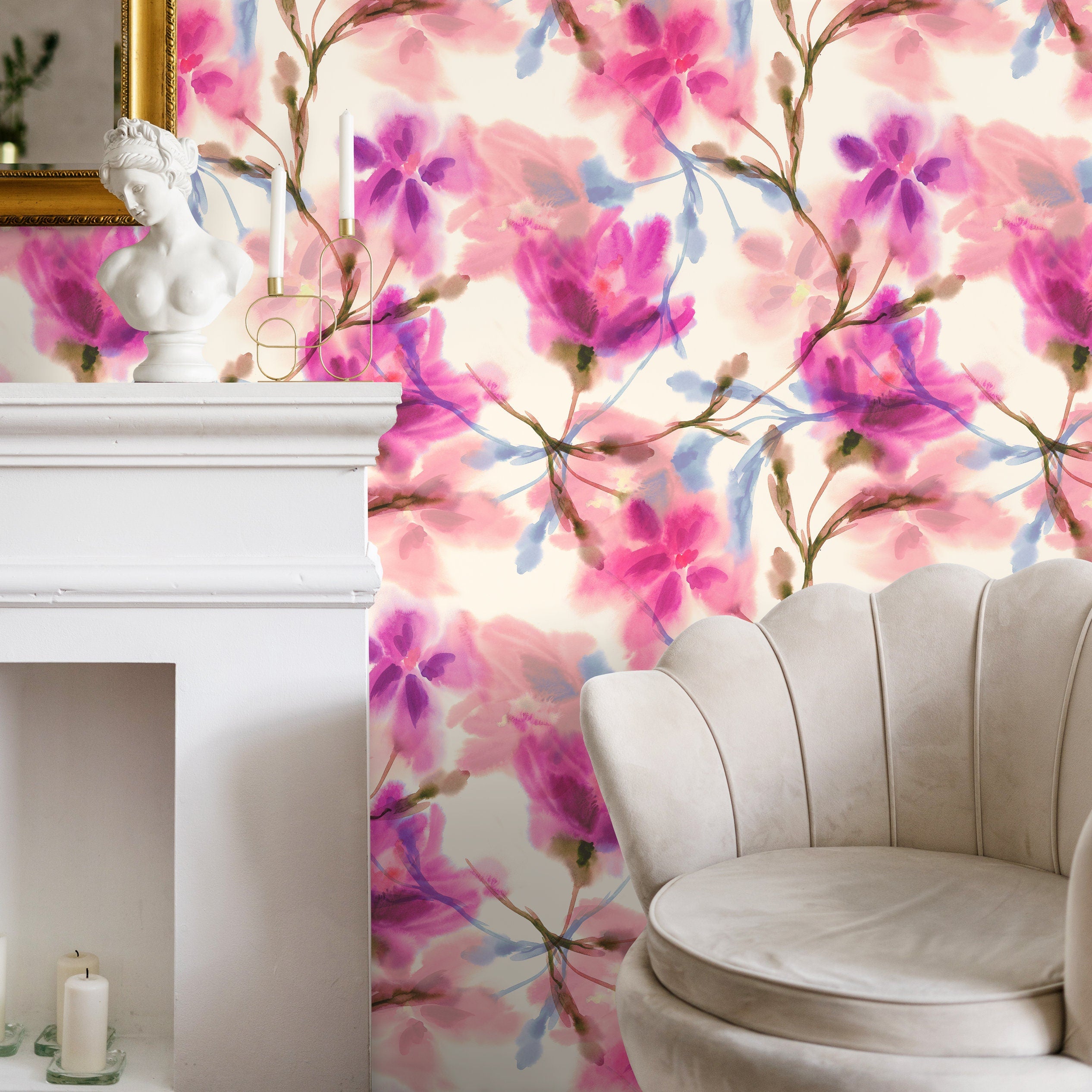Floral Wallpaper With A Watercolor Motif In Pink, Magenta, And Blue - A030
