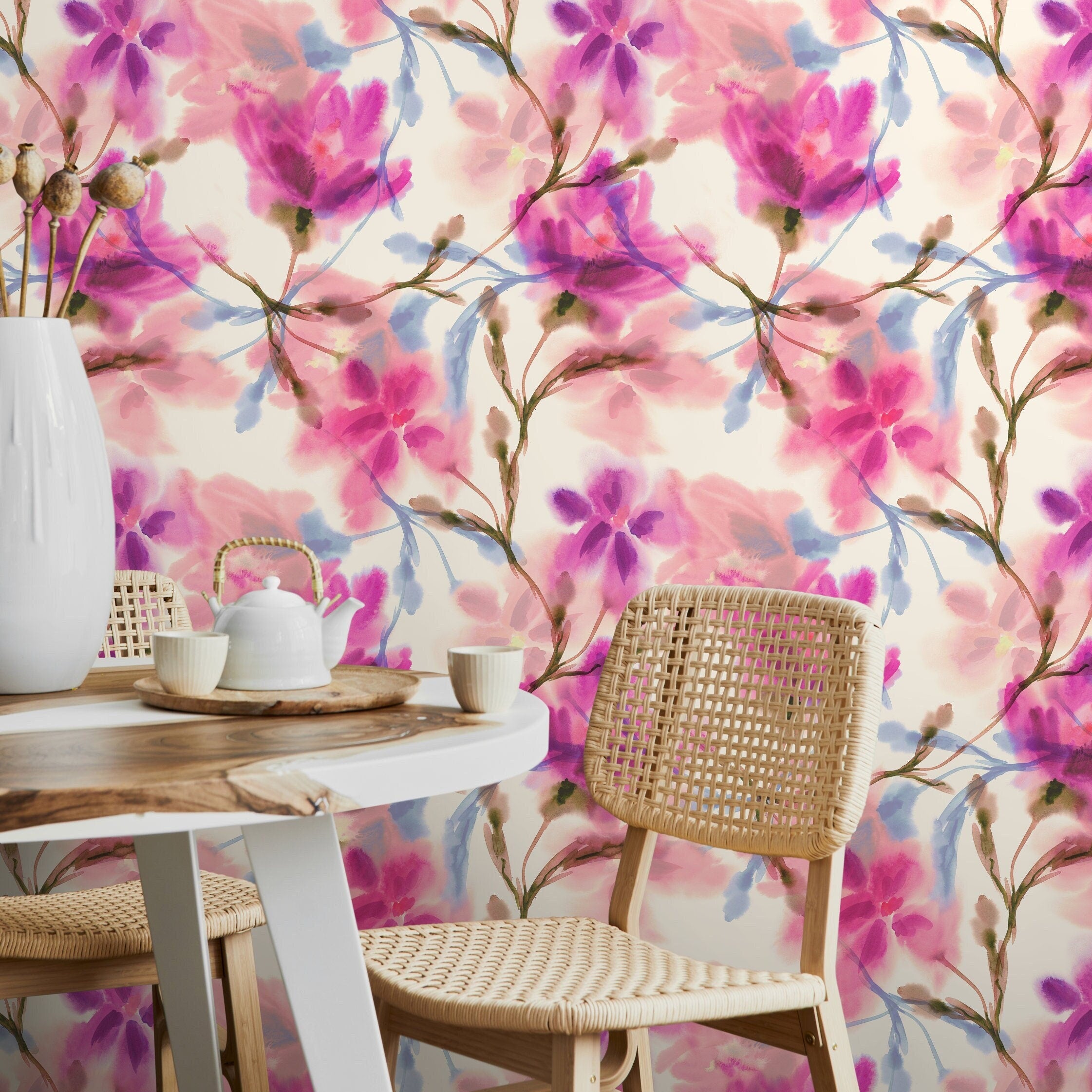 Floral Wallpaper With A Watercolor Motif In Pink, Magenta, And Blue - A030