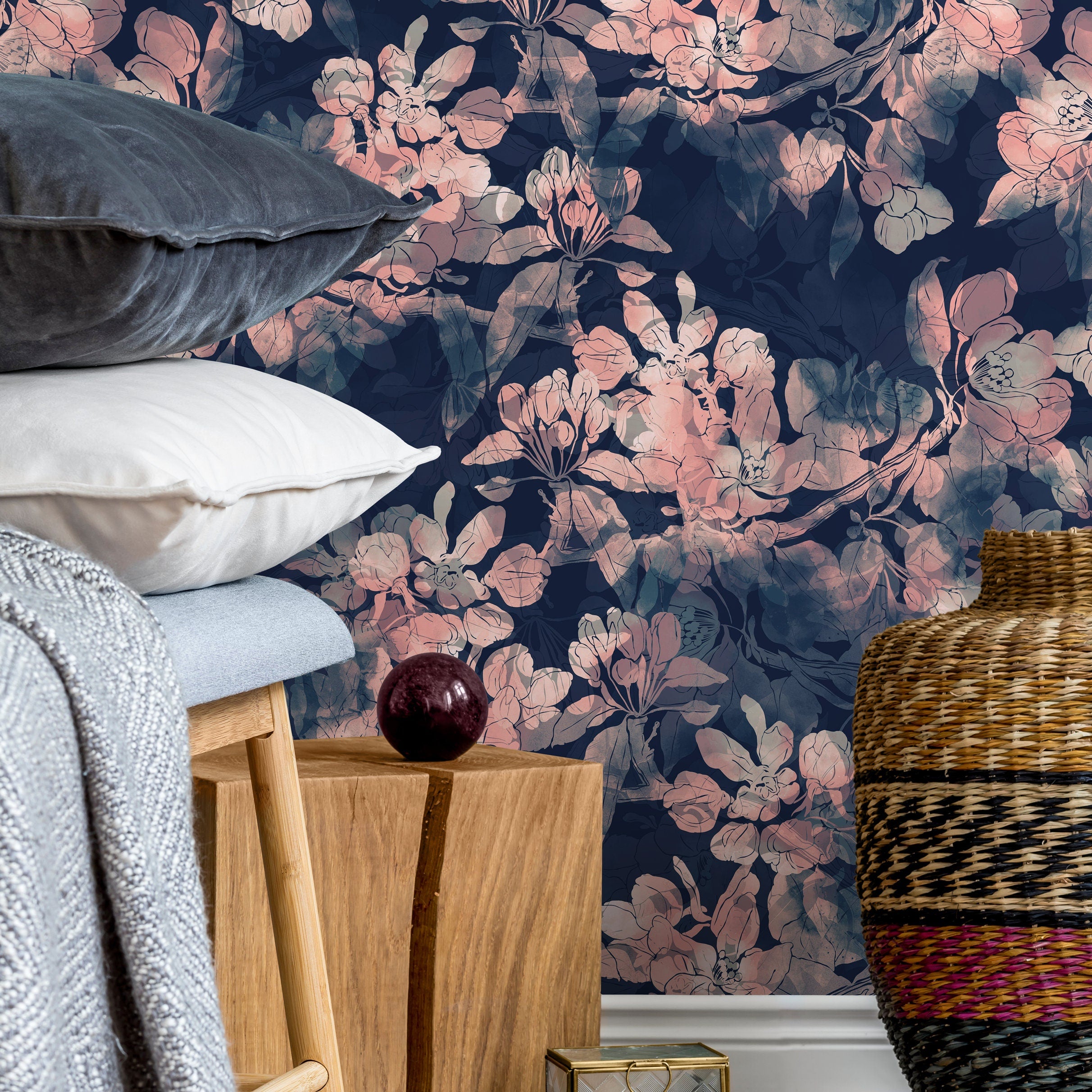 Floral Wallpaper With A Moody Blossom Motif In Navy Blue And Pink - A033