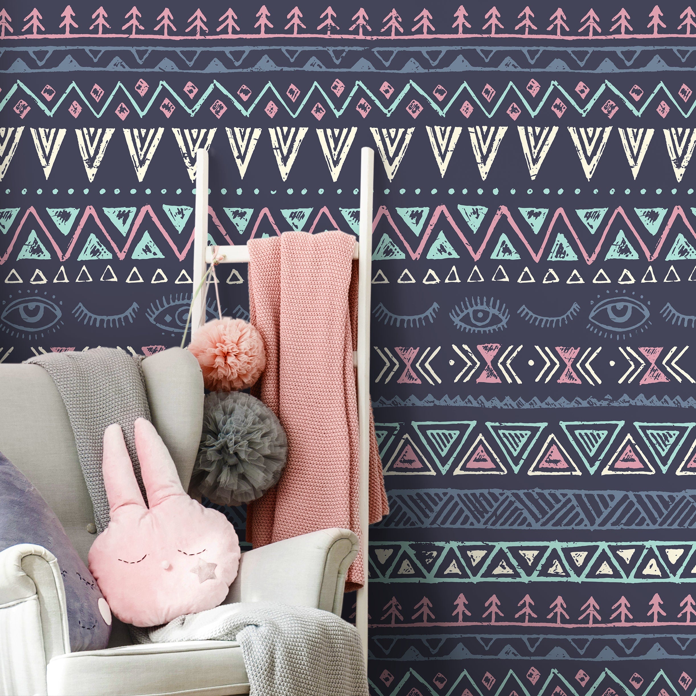 Bohemian Wallpaper With Tribal Eye Motifs In Navy, Pink, And Teal - A820