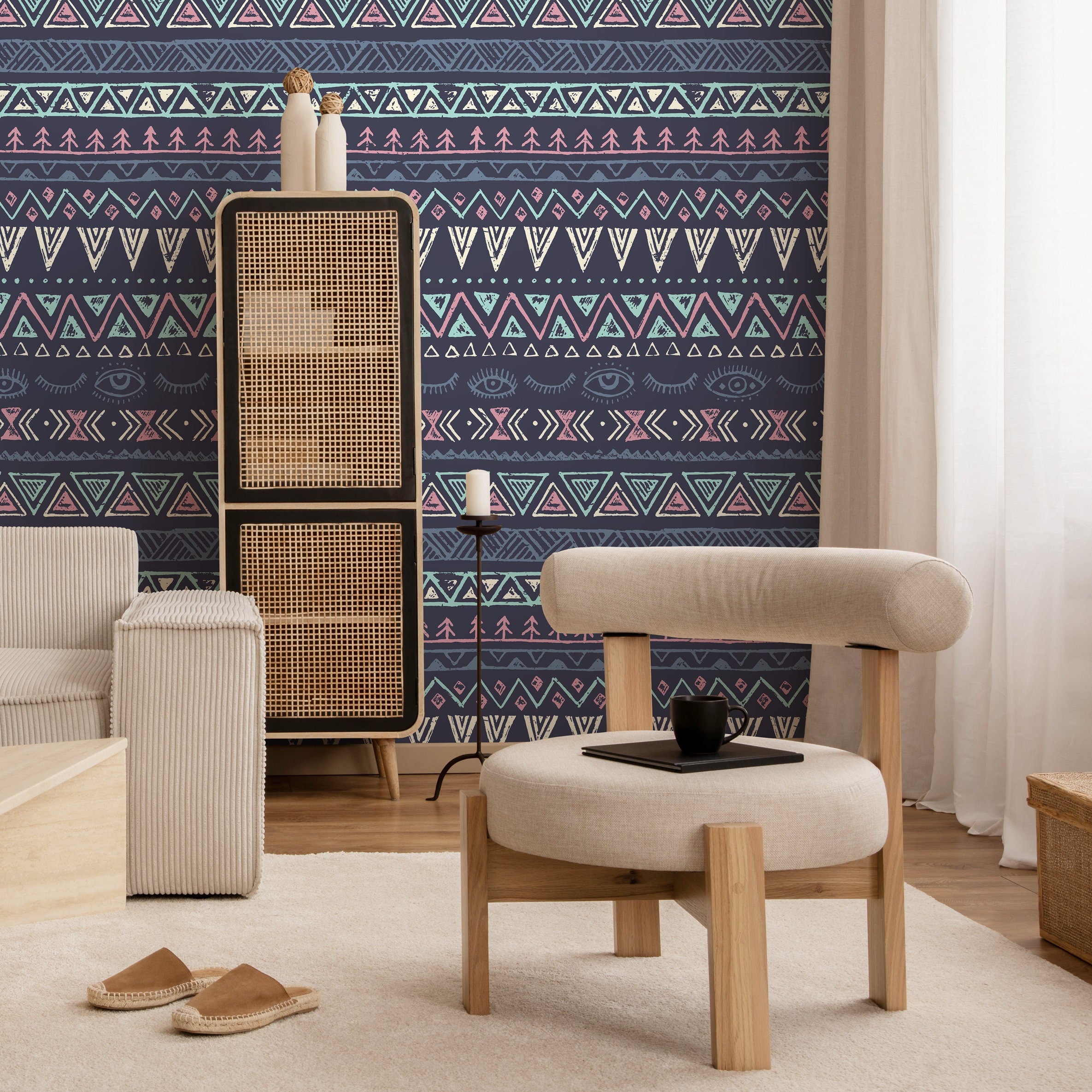 Bohemian Wallpaper With Tribal Eye Motifs In Navy, Pink, And Teal - A820