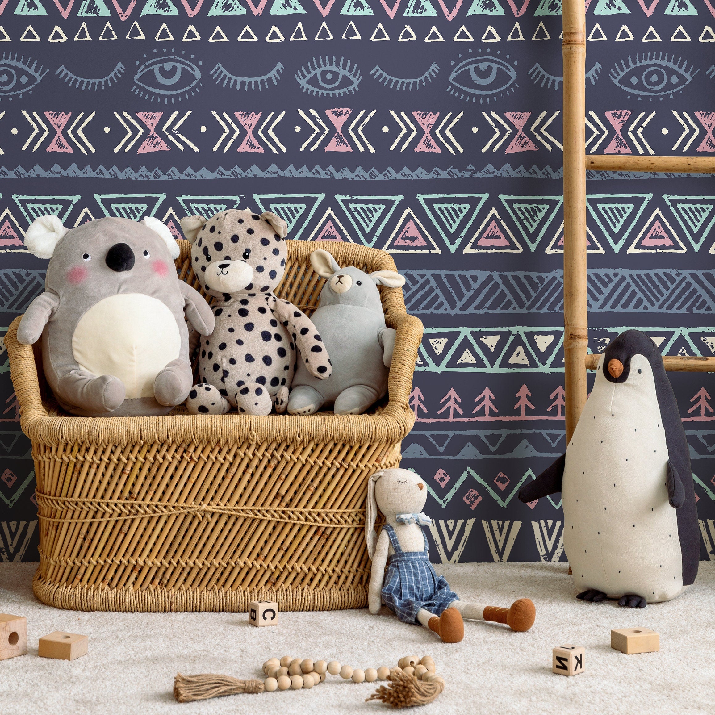 Bohemian Wallpaper With Tribal Eye Motifs In Navy, Pink, And Teal - A820