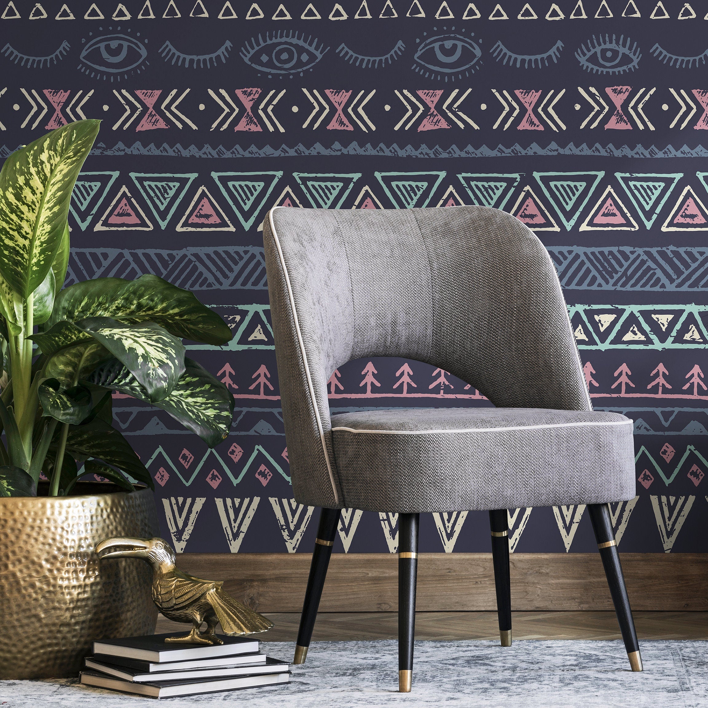 Bohemian Wallpaper With Tribal Eye Motifs In Navy, Pink, And Teal - A820