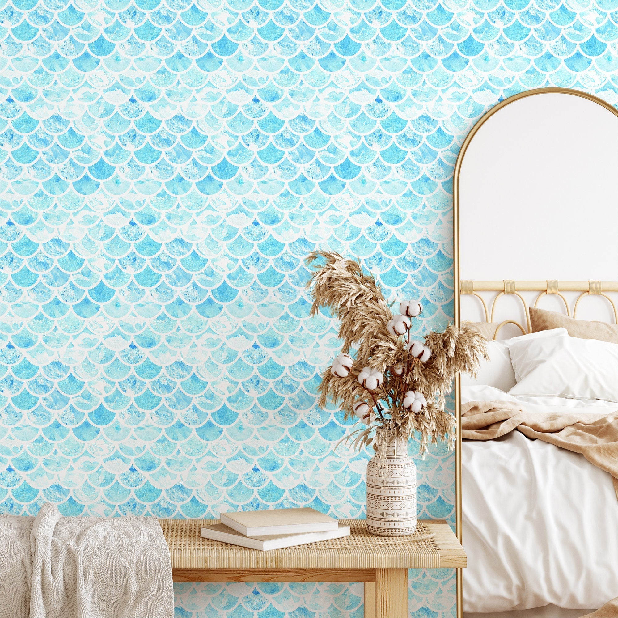 Watercolor Wallpaper With A Mermaid Scale Motif In Blue And White - A044