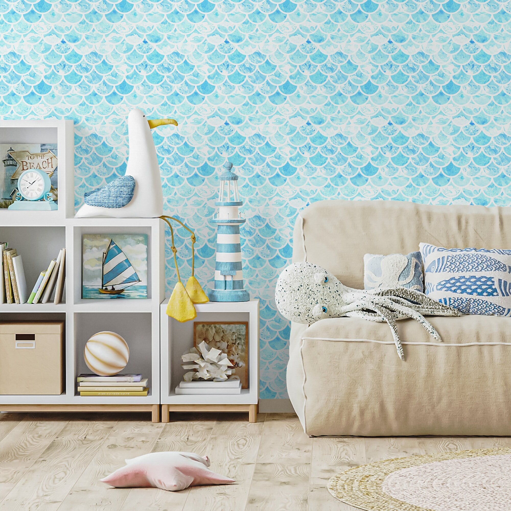 Watercolor Wallpaper With A Mermaid Scale Motif In Blue And White - A044