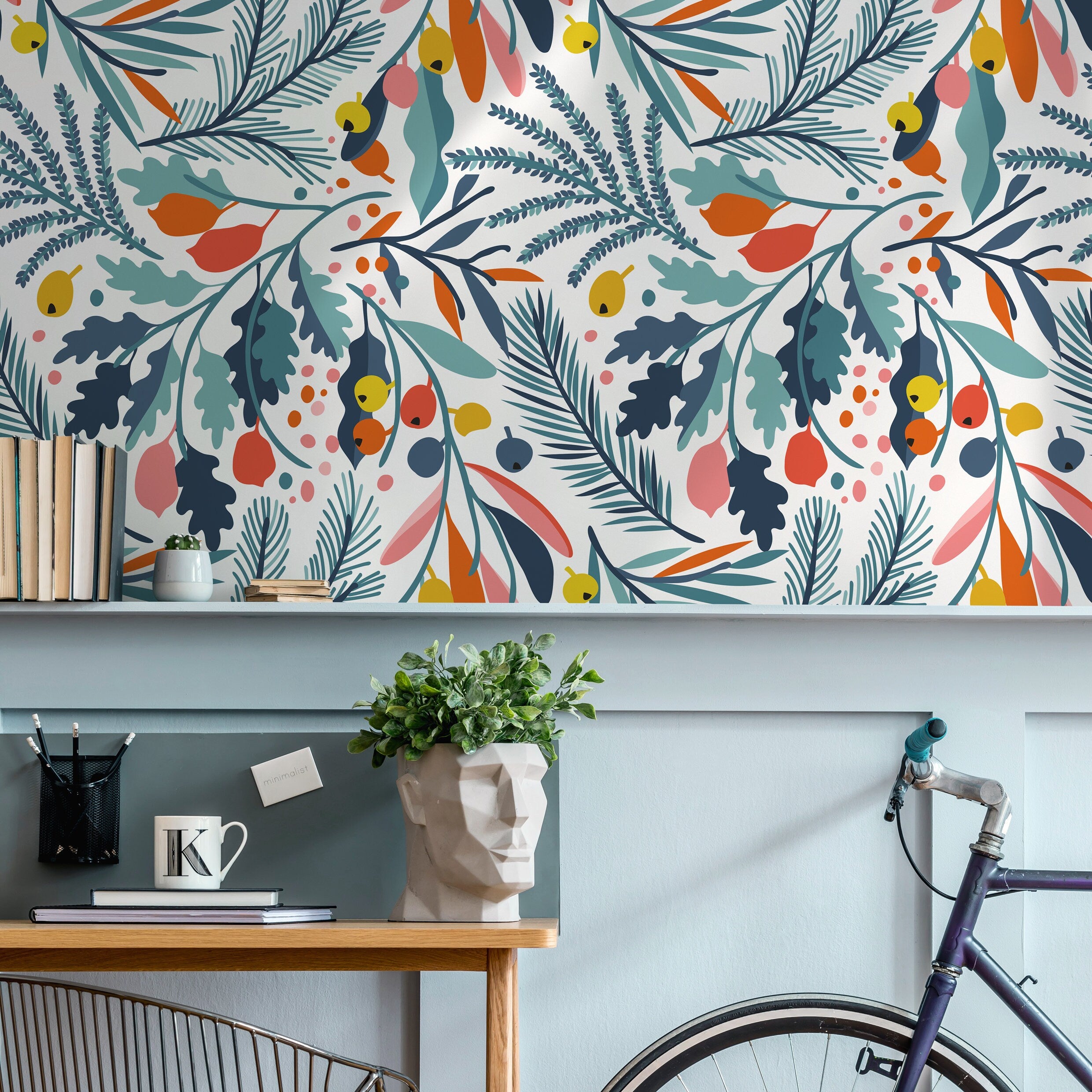 Botanical Wallpaper With Colorful Leaves And Berries In Blue, Orange, And Pink - A713