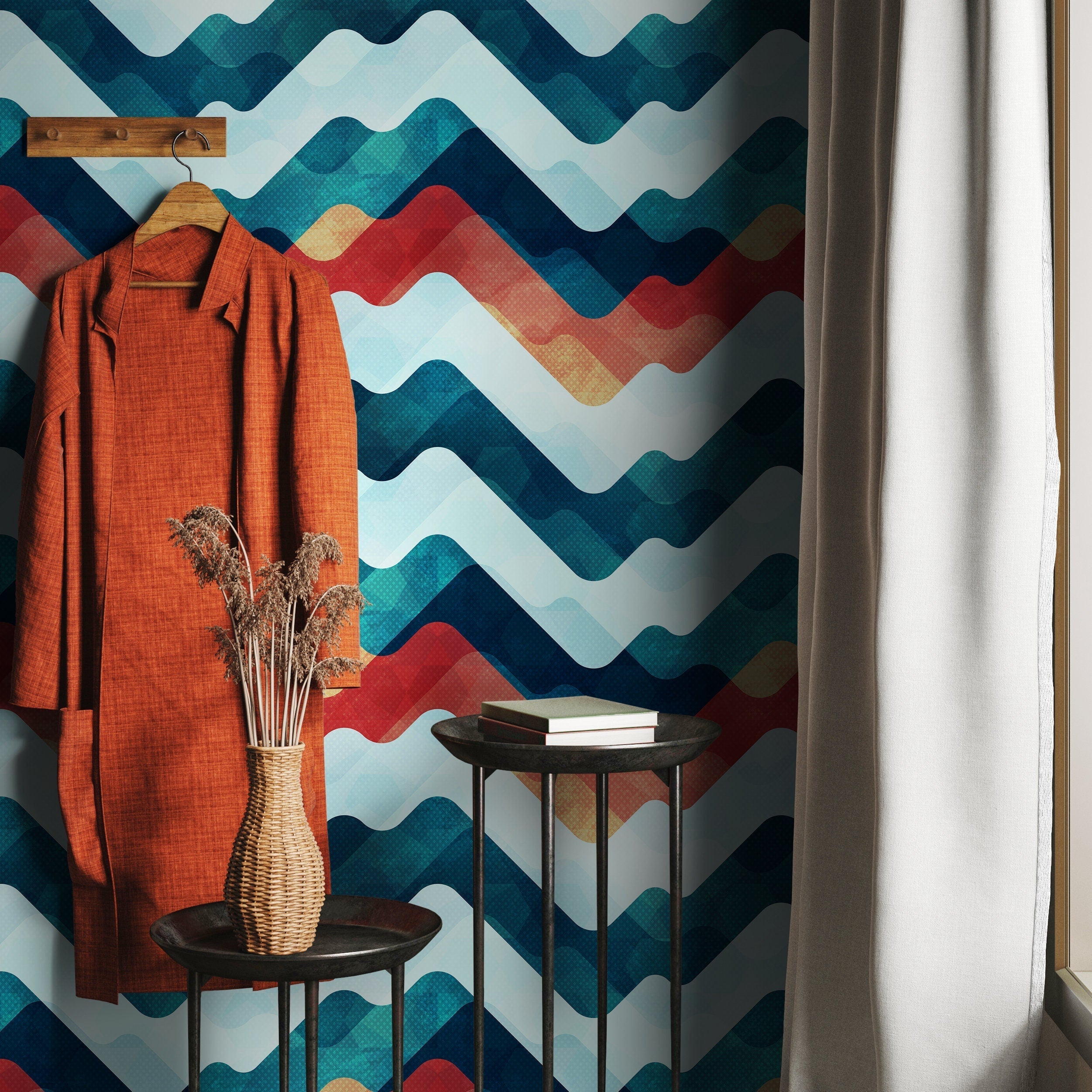 Abstract Wallpaper With A Wavy Mountain Motif In Teal, Red, And Yellow - A054