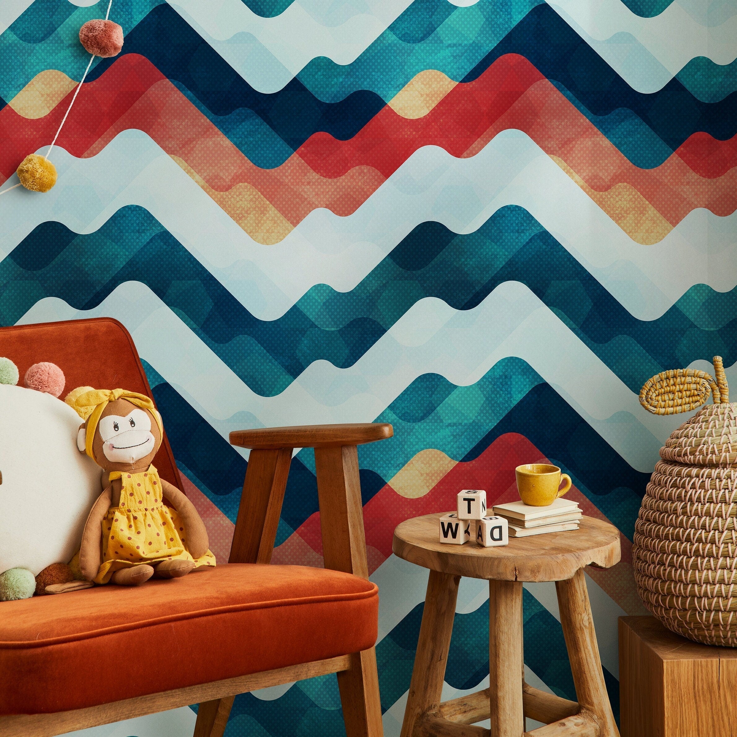 Abstract Wallpaper With A Wavy Mountain Motif In Teal, Red, And Yellow - A054